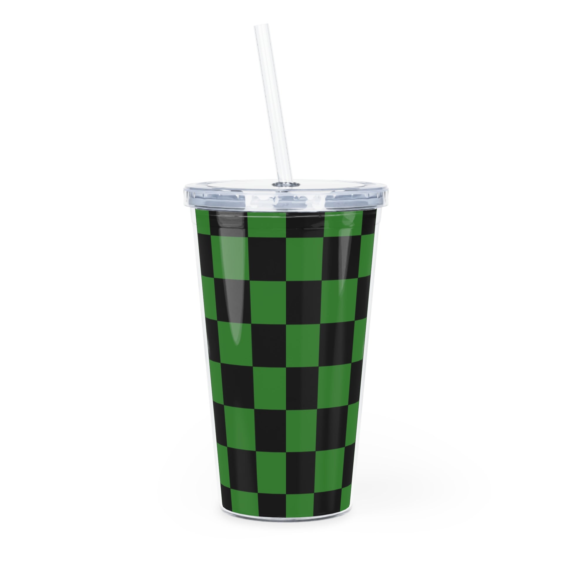 Checkerboard Green and Black Plastic Tumbler with Straw, Artsulli - Art is Long, Life is Short, Mug, , , , , , , 