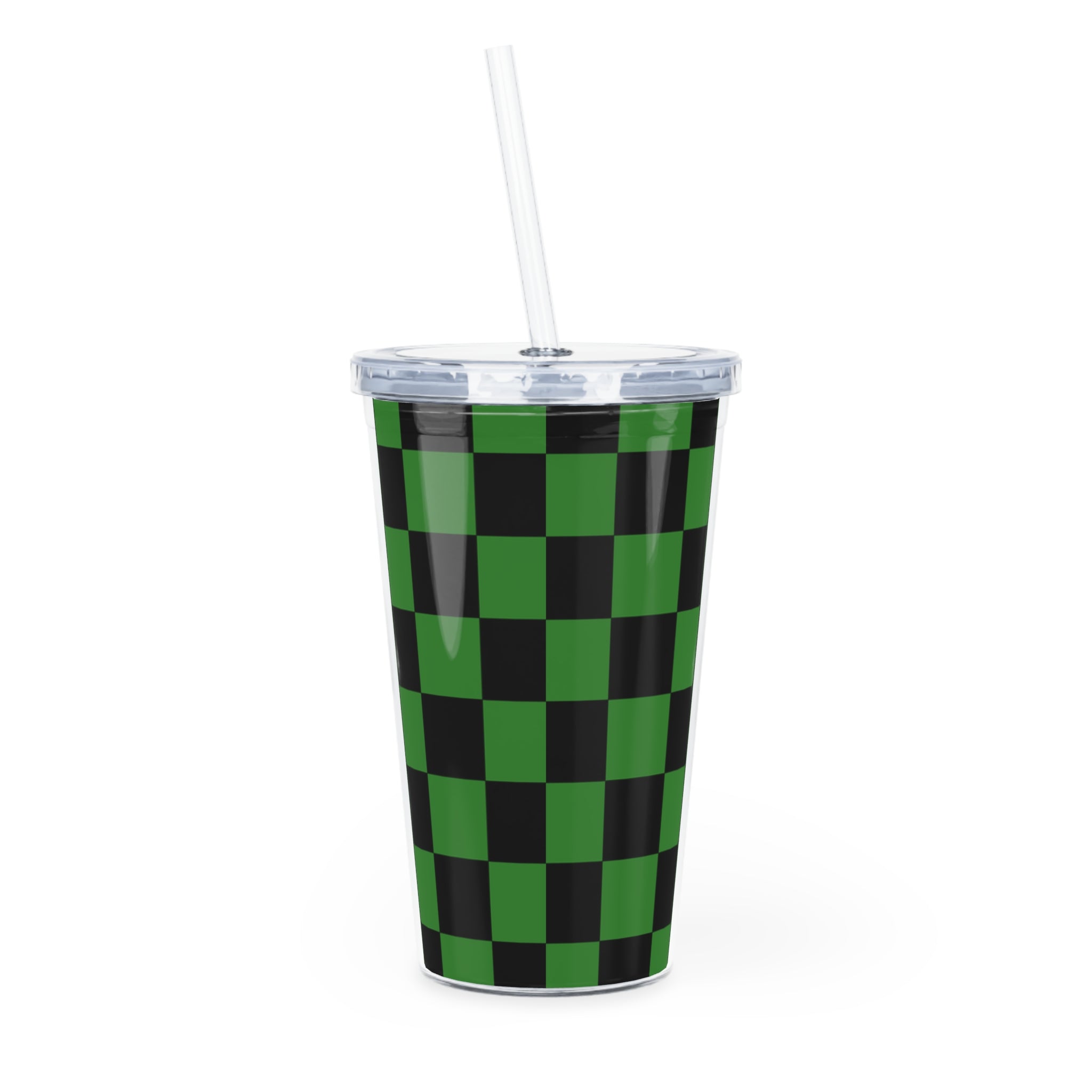 Checkerboard Green and Black Plastic Tumbler with Straw, Artsulli - Art is Long, Life is Short, Mug, , , , , , , 