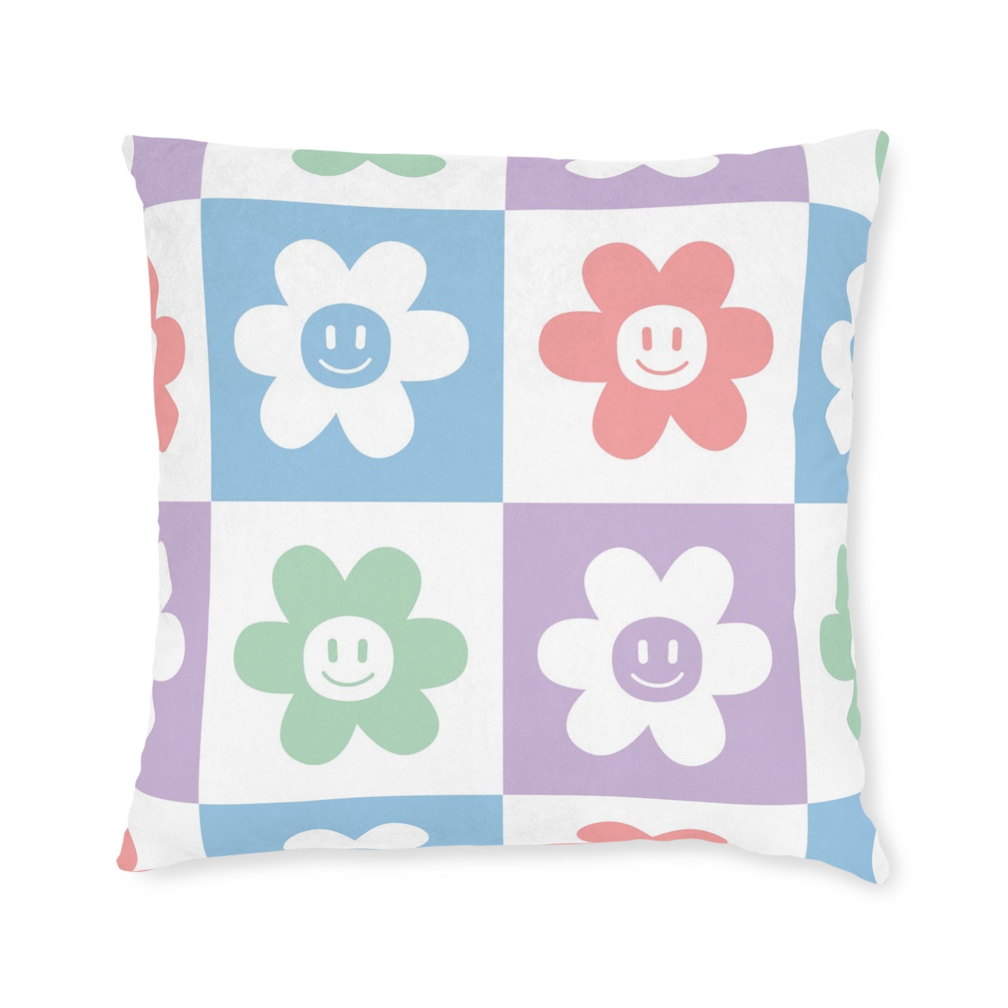 Chessboard x Smiley Face Flowers Multi-Color Square Pillow - Pink Back, Artsulli - Art is Long, Life is Short, Home Decor, Size, 22" × 22", , , , , 82637120204775405577