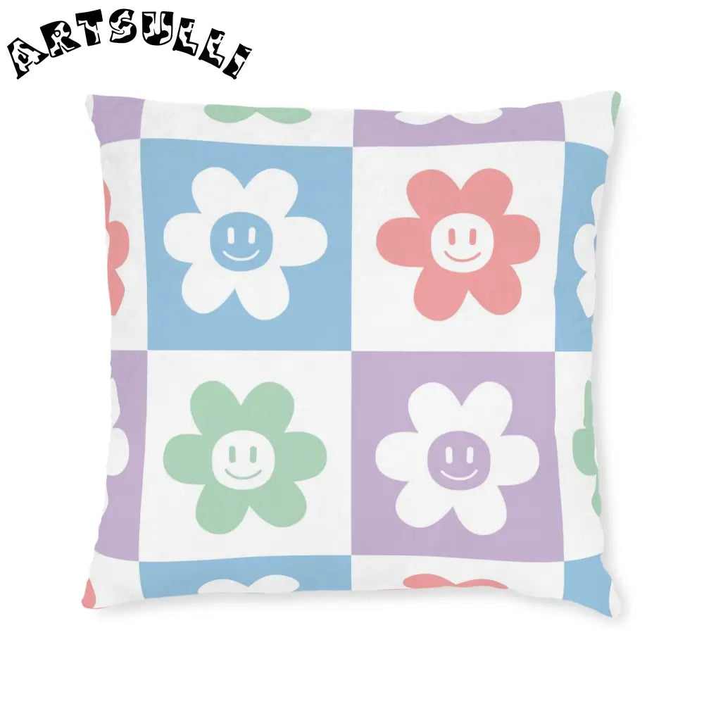 JAKKOUTTHEBXX Smiling Flower Checkered Faux Suede Square Pillow 2025