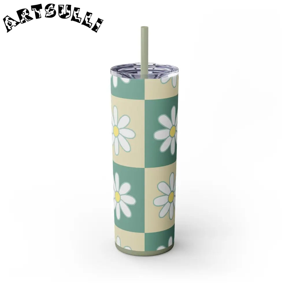 JAKKOUTTHEBXX Retro Daisy Checkerboard Green and Tan Skinny Tumbler