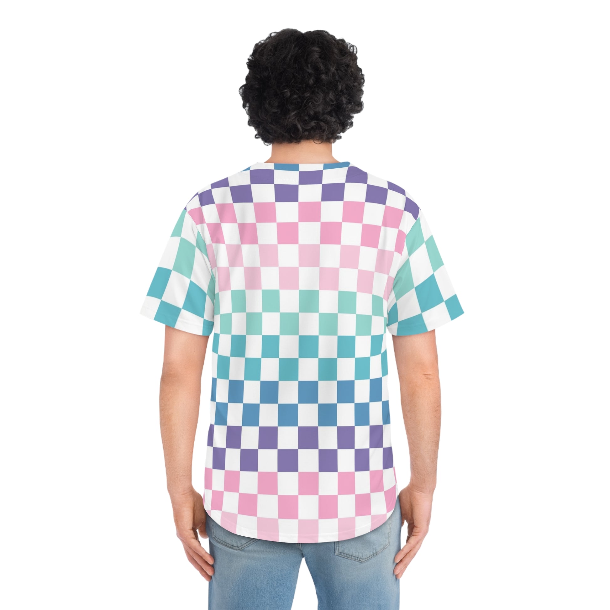 Vaporwave Rainbow  Checkerboard Multi-Color Men's Baseball Jersey (AOP), Artsulli - Art is Long, Life is Short, All Over Prints, , , , , , , 