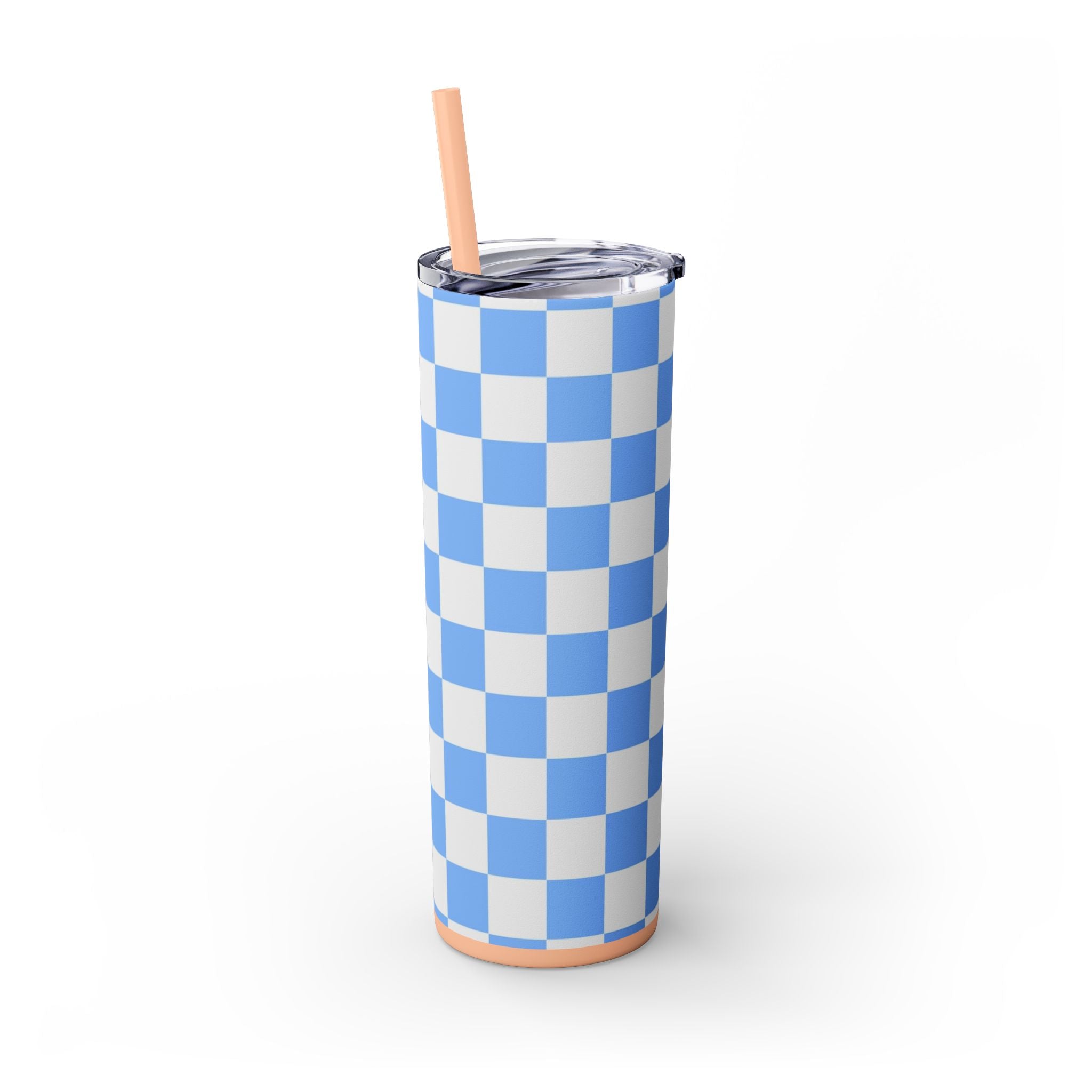 Checkerboard White and Light Blue Skinny Tumbler with Straw, 20oz, Artsulli - Art is Long, Life is Short, Mug, , , , , , , 