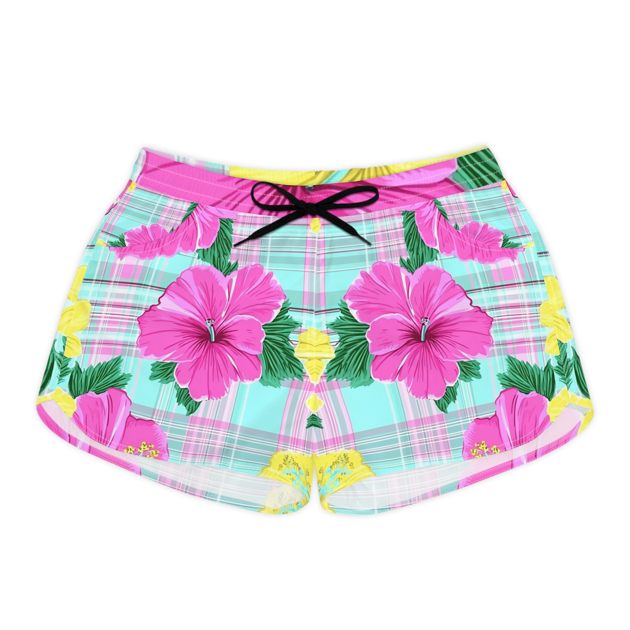 Plaid Hibiscus Pink and Yellow Women's Casual Shorts (AOP), Artsulli - Art is Long, Life is Short, All Over Prints, Size, S, Color, Black drawstring, , , 14145252897685557209