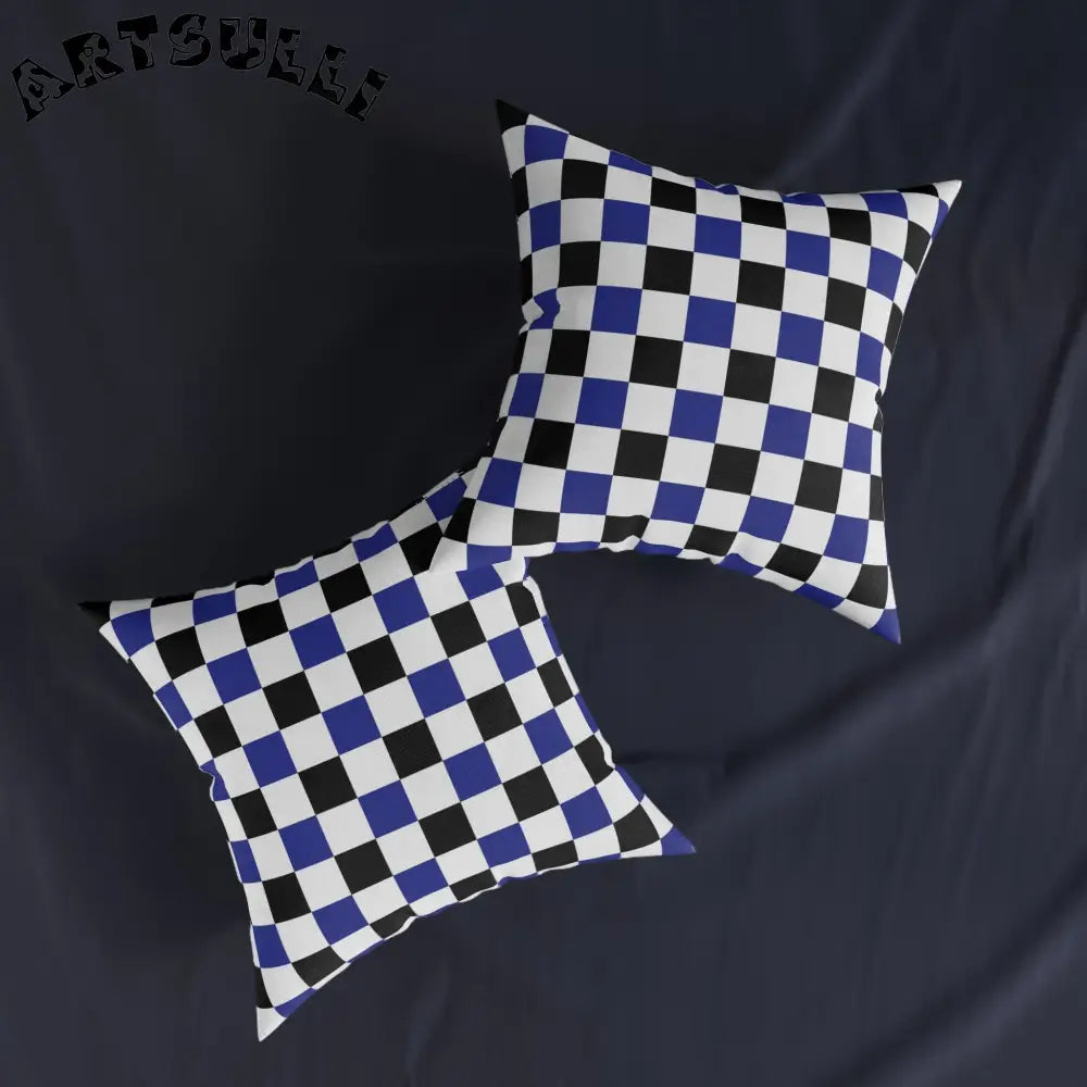 JAKKOUTTHEBXX Checkerboard Blue White and Black Square Pillow
