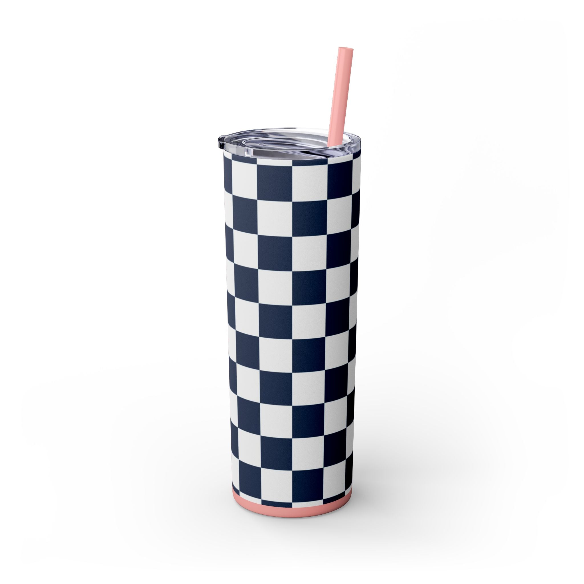 Checkerboard White and Navy Blue Skinny Tumbler with Straw, 20oz, Artsulli - Art is Long, Life is Short, Mug, , , , , , , 