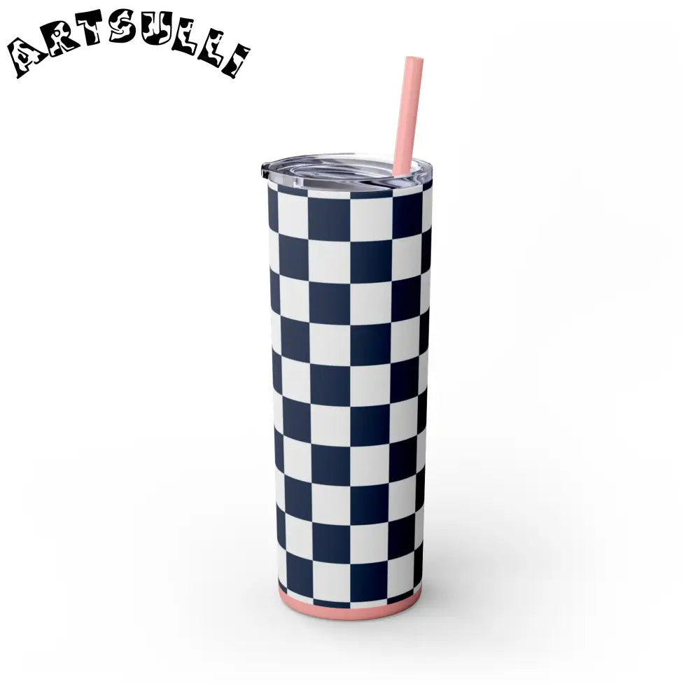 JAKKOUTTHEBXX Checkerboard White and Navy Blue Skinny Tumbler