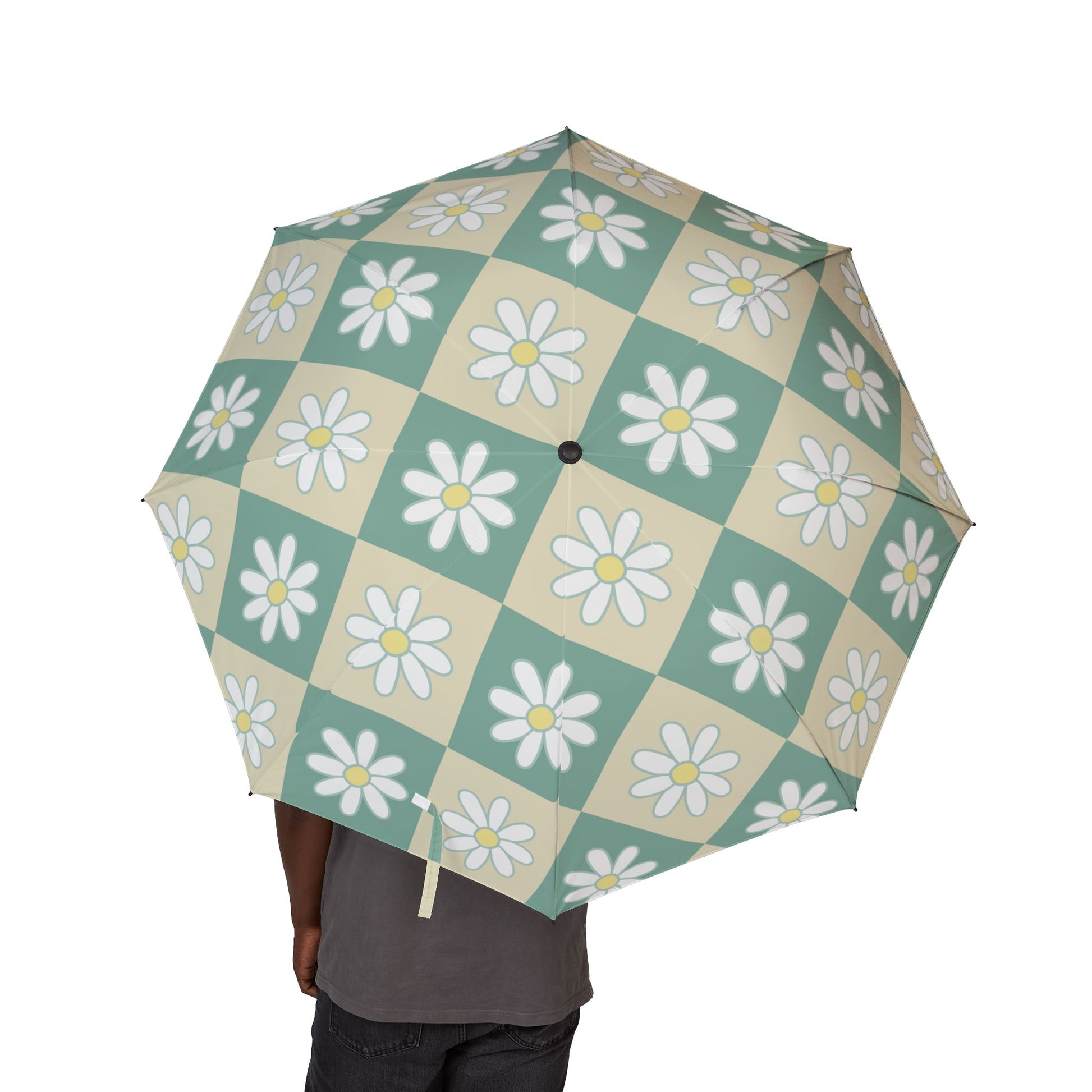 Retro Daisy Checkerboard Green and Tan Semi-Automatic Foldable Umbrella, Artsulli - Art is Long, Life is Short, Accessories, , , , , , , 