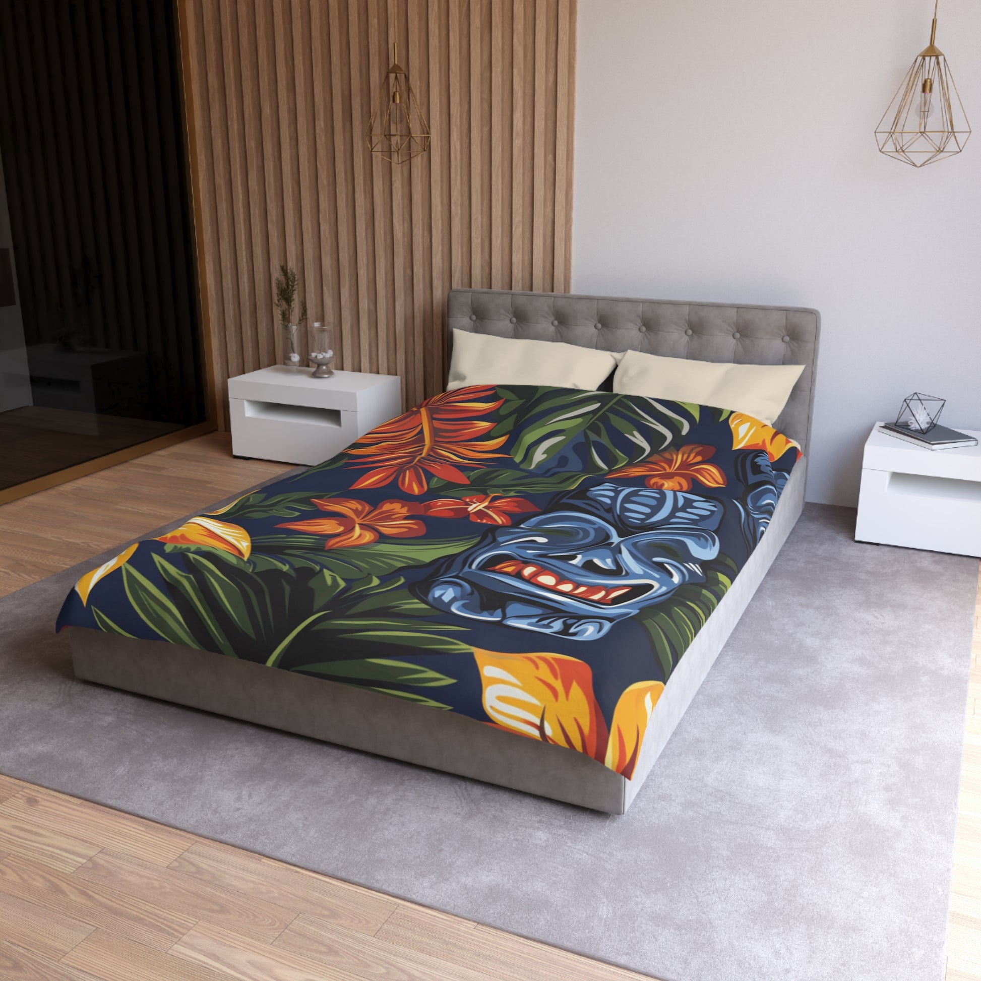 Tiki Bloom Navy Microfiber Duvet Cover, Artsulli - Art is Long, Life is Short, Home Decor, , , , , , , 