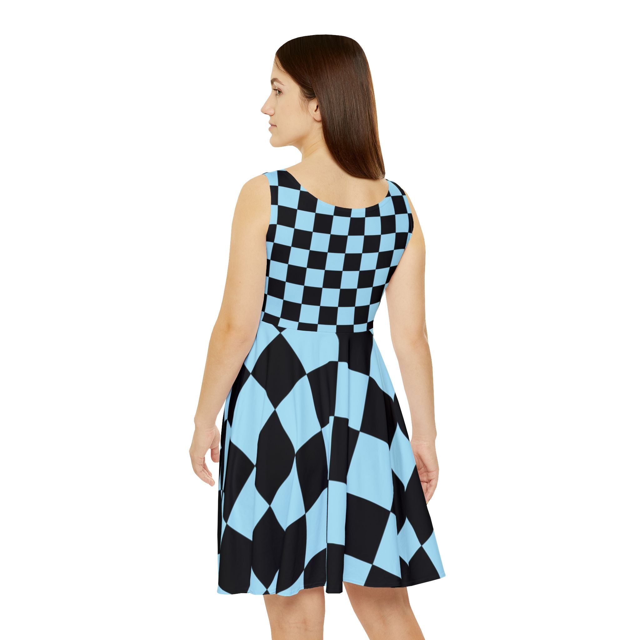 Checkerboard Black and Blue Women's Skater Dress (AOP), Artsulli - Art is Long, Life is Short, All Over Prints, , , , , , , 