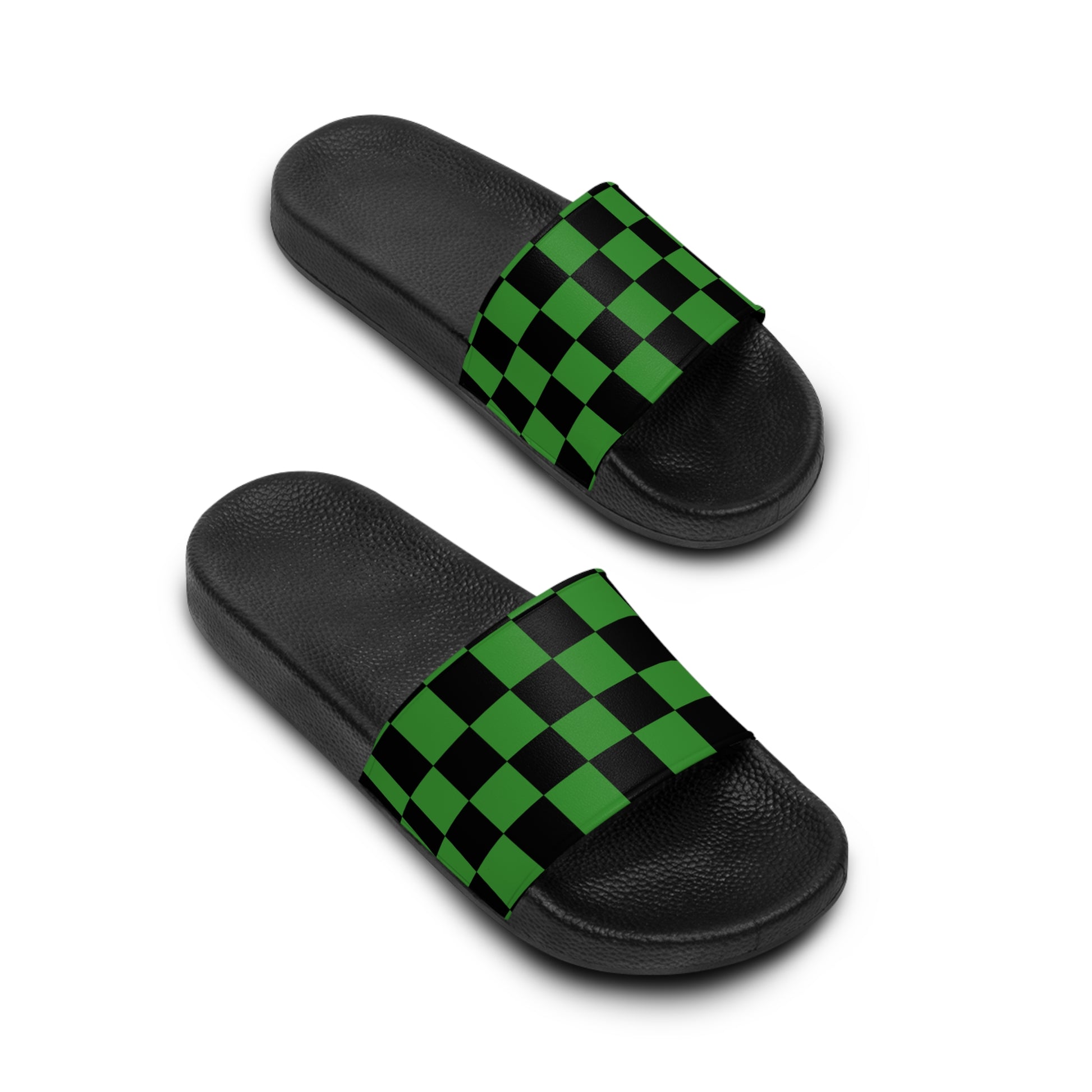 Checkerboard Green and Black Women's Slide Sandals, Artsulli - Art is Long, Life is Short, Shoes, , , , , , , 