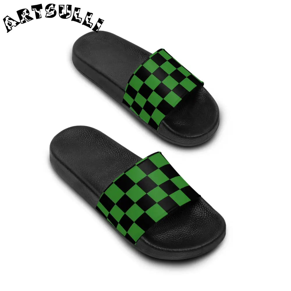 JAKKOUTTHEBXX Checkerboard Green and Black Women’s Slide Sandals