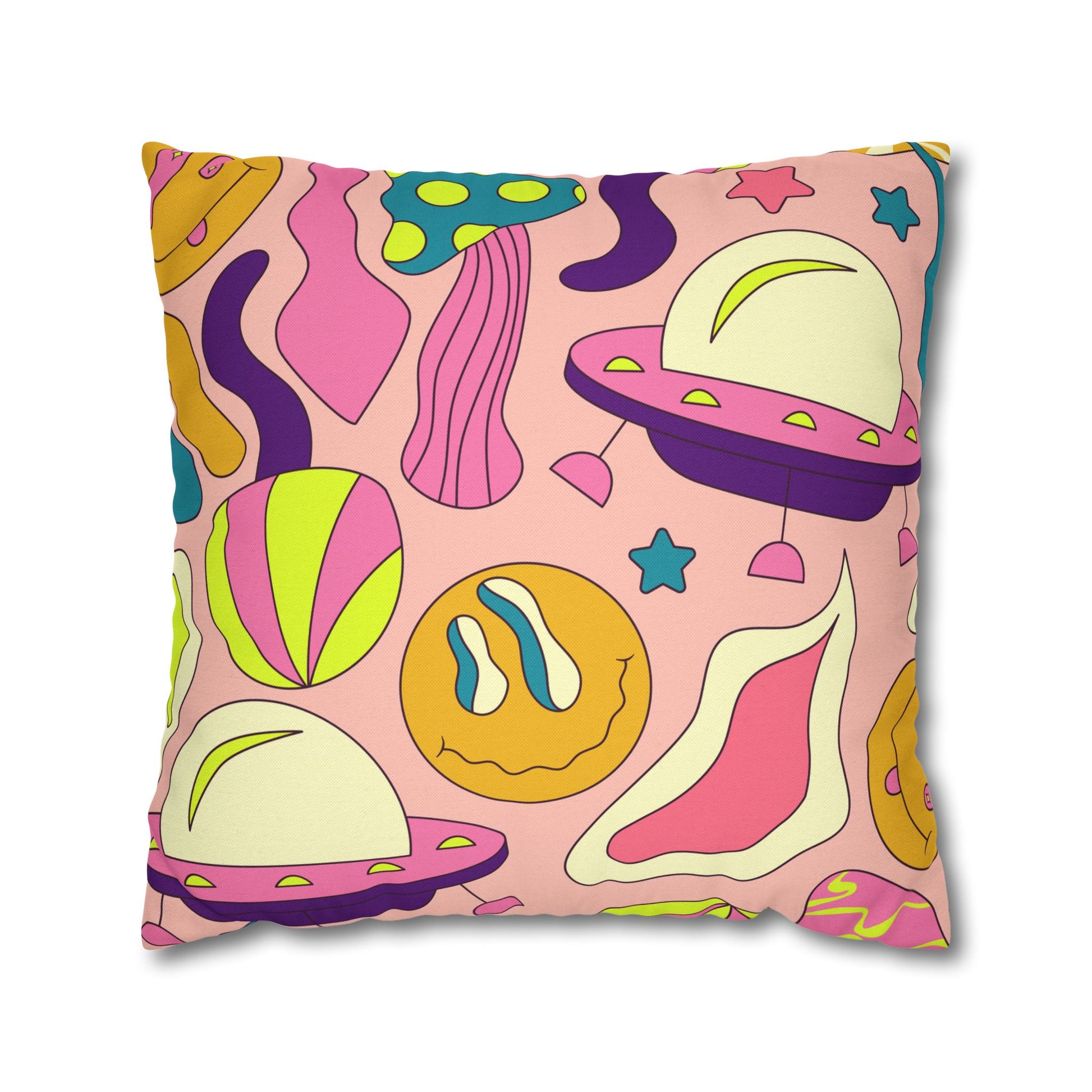 Trippy Spaceships Pink Spun Polyester Square Pillowcase, Artsulli - Art is Long, Life is Short, Home Decor, Size, 20" × 20", , , , , 14054794195104