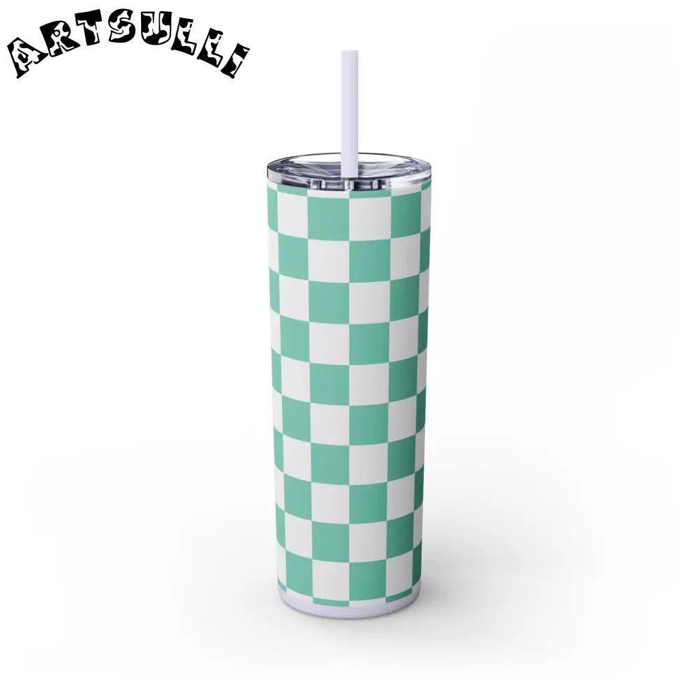 JAKKOUTTHEBXX Checkerboard Light Green Skinny Tumbler with Straw