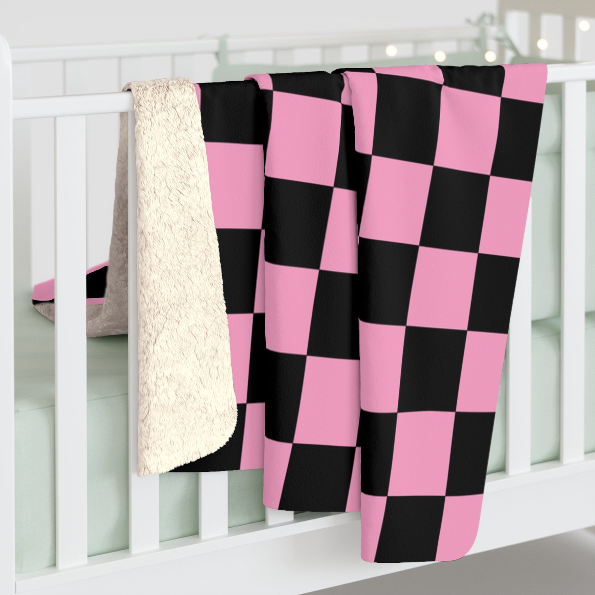 Checkerboard Black and Pink Sherpa Fleece Blanket, Artsulli - Art is Long, Life is Short, Home Decor, , , , , , , 