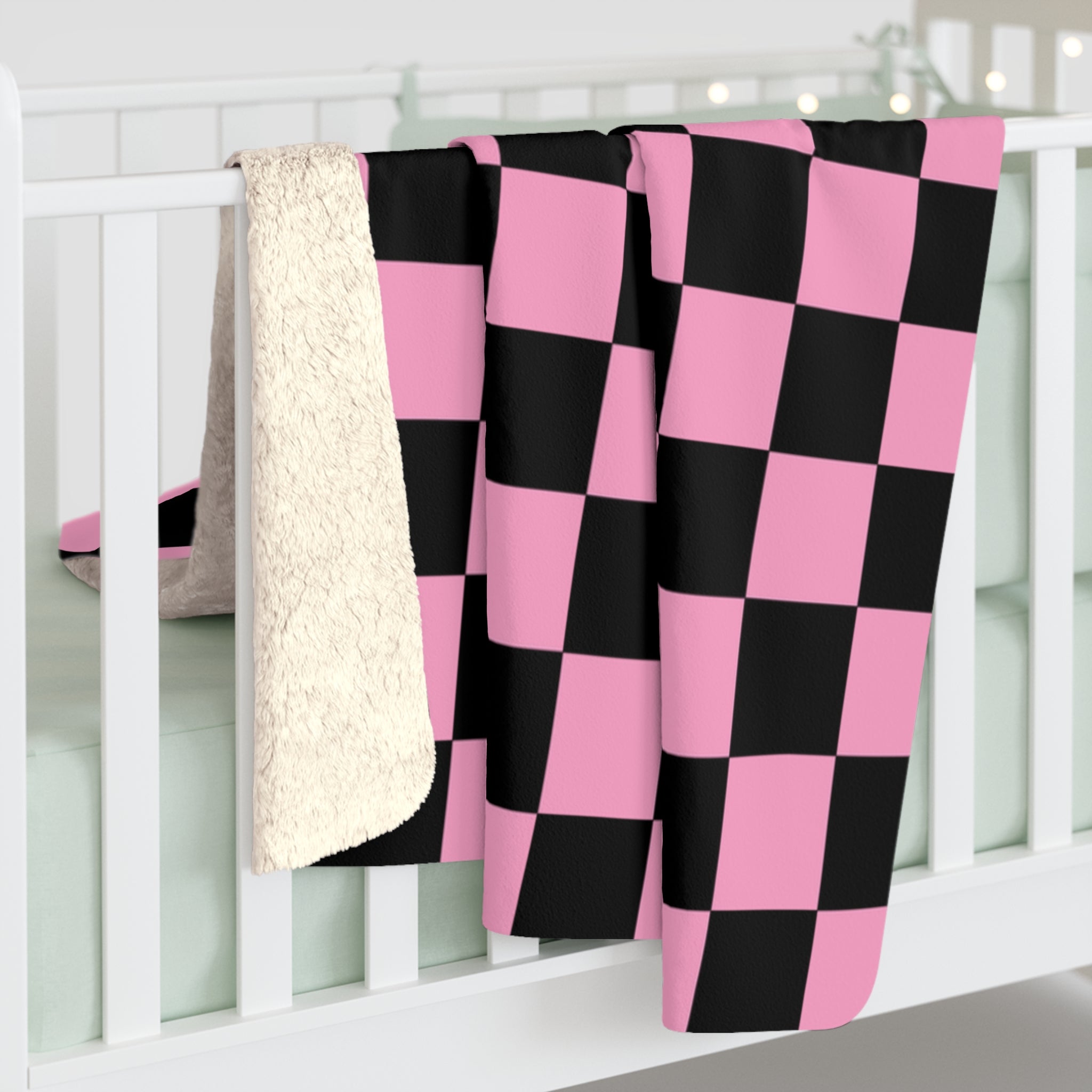Checkerboard Black and Pink Sherpa Fleece Blanket, Artsulli - Art is Long, Life is Short, Home Decor, , , , , , , 