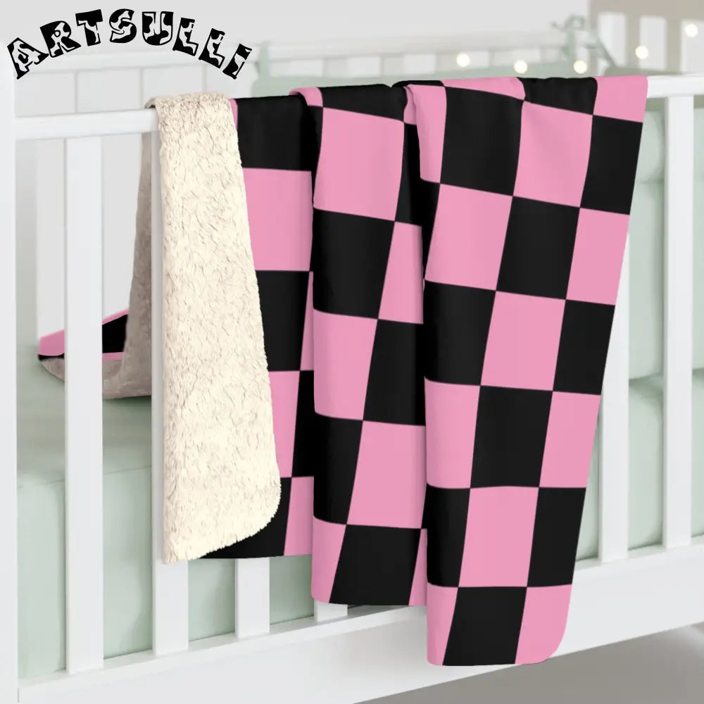 JAKKOUTTHEBXX Checkerboard Black and Pink Sherpa Fleece Blanket