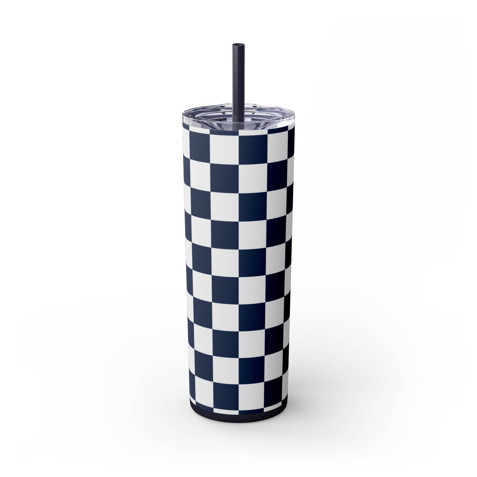 Checkerboard White and Navy Blue Skinny Tumbler with Straw, 20oz, Artsulli - Art is Long, Life is Short, Mug, , , , , , , 