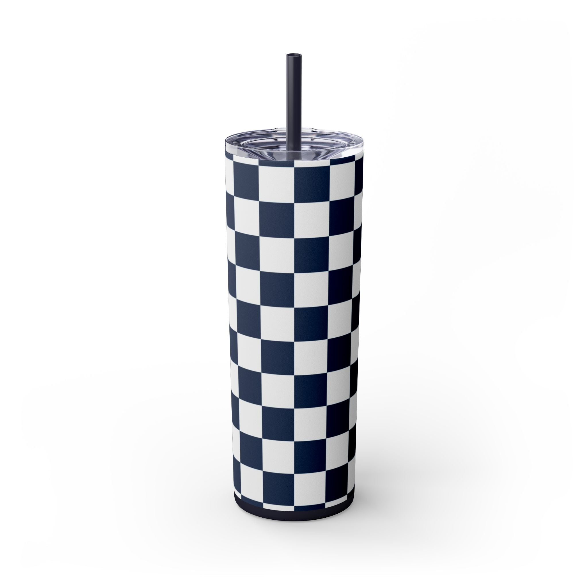 Checkerboard White and Navy Blue Skinny Tumbler with Straw, 20oz, Artsulli - Art is Long, Life is Short, Mug, , , , , , , 