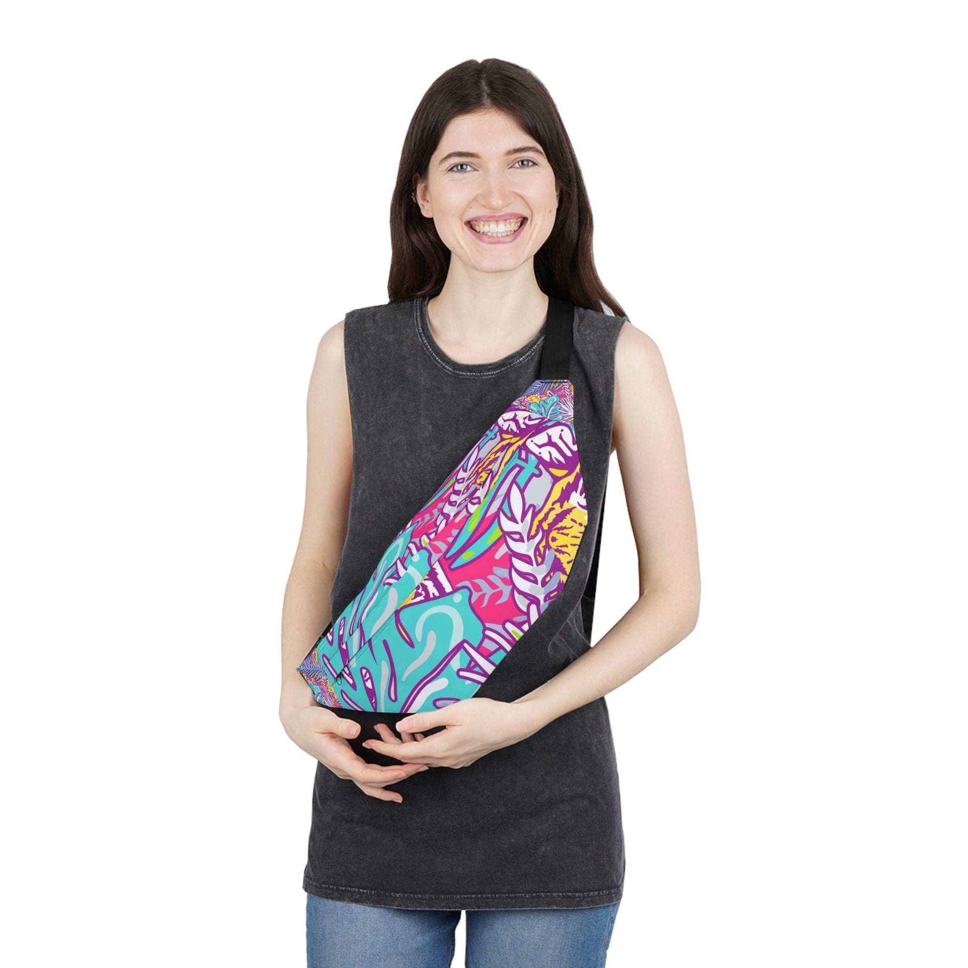 Tropical Floral Tigers Torquise and Purple Large Fanny Pack, Artsulli - Art is Long, Life is Short, Bags, , , , , , , 