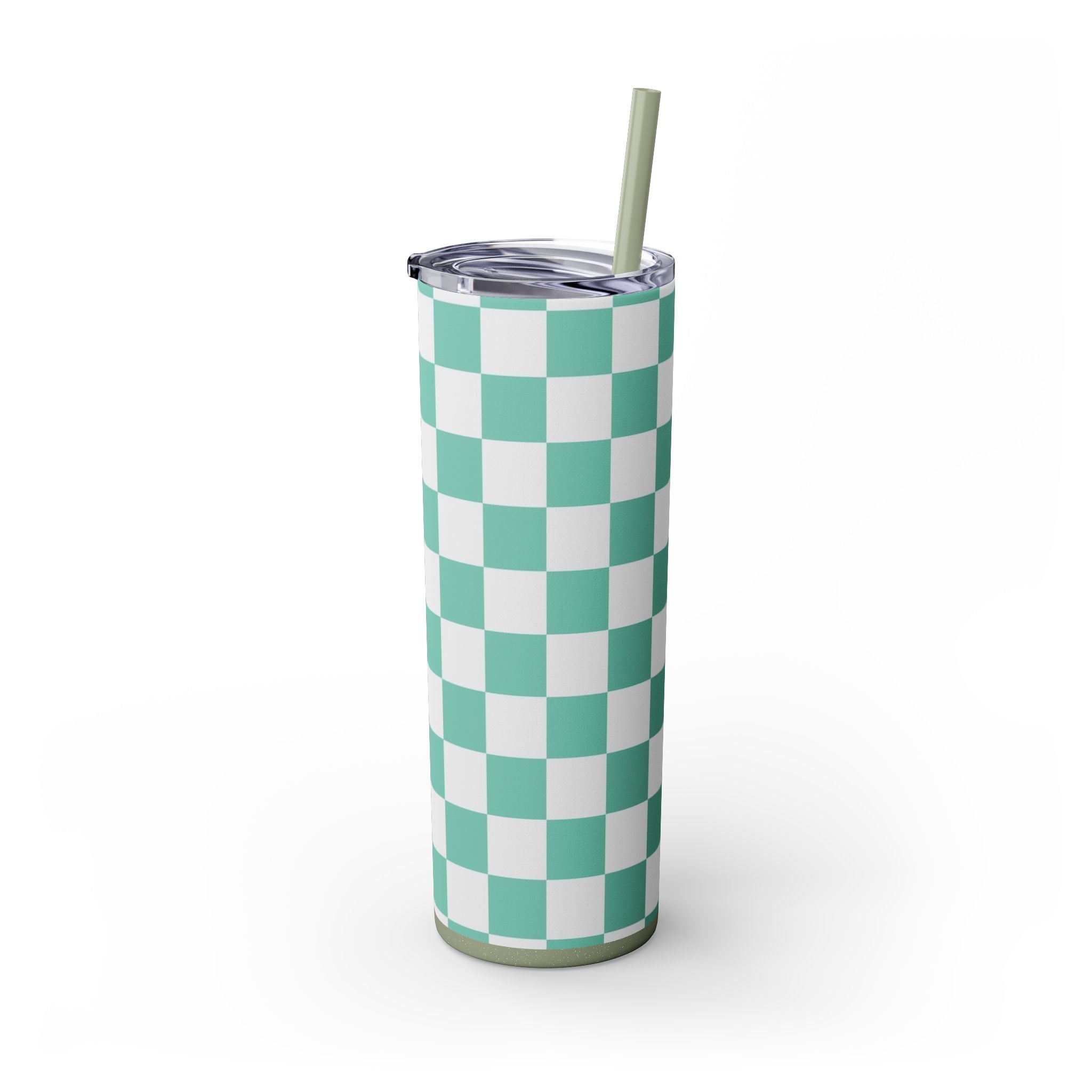 Checkerboard Light Green Skinny Tumbler with Straw, 20oz, Artsulli - Art is Long, Life is Short, Mug, , , , , , , 