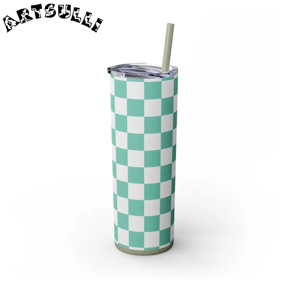 JAKKOUTTHEBXX Checkerboard Light Green Skinny Tumbler with Straw