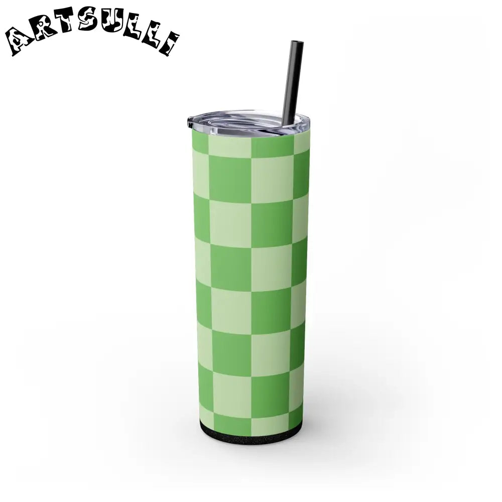 JAKKOUTTHEBXX Checkerboard Green Skinny Tumbler with Straw 20oz