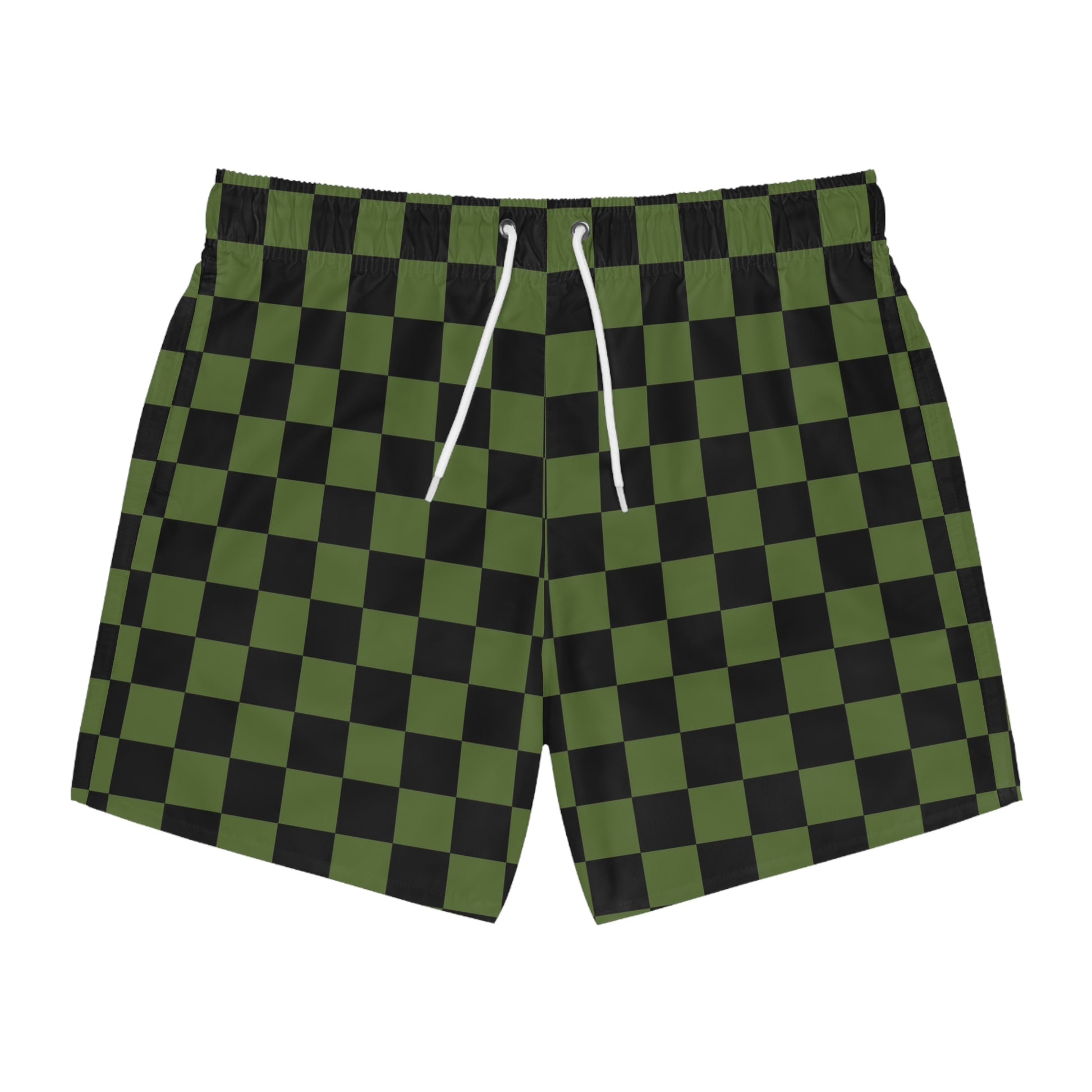 Checkerboard Olive Green and Black Swim Trunks (AOP), Artsulli - Art is Long, Life is Short, All Over Prints, Size, XS, Color, Seam thread color automatically matched to design, , , 12107961864240831335