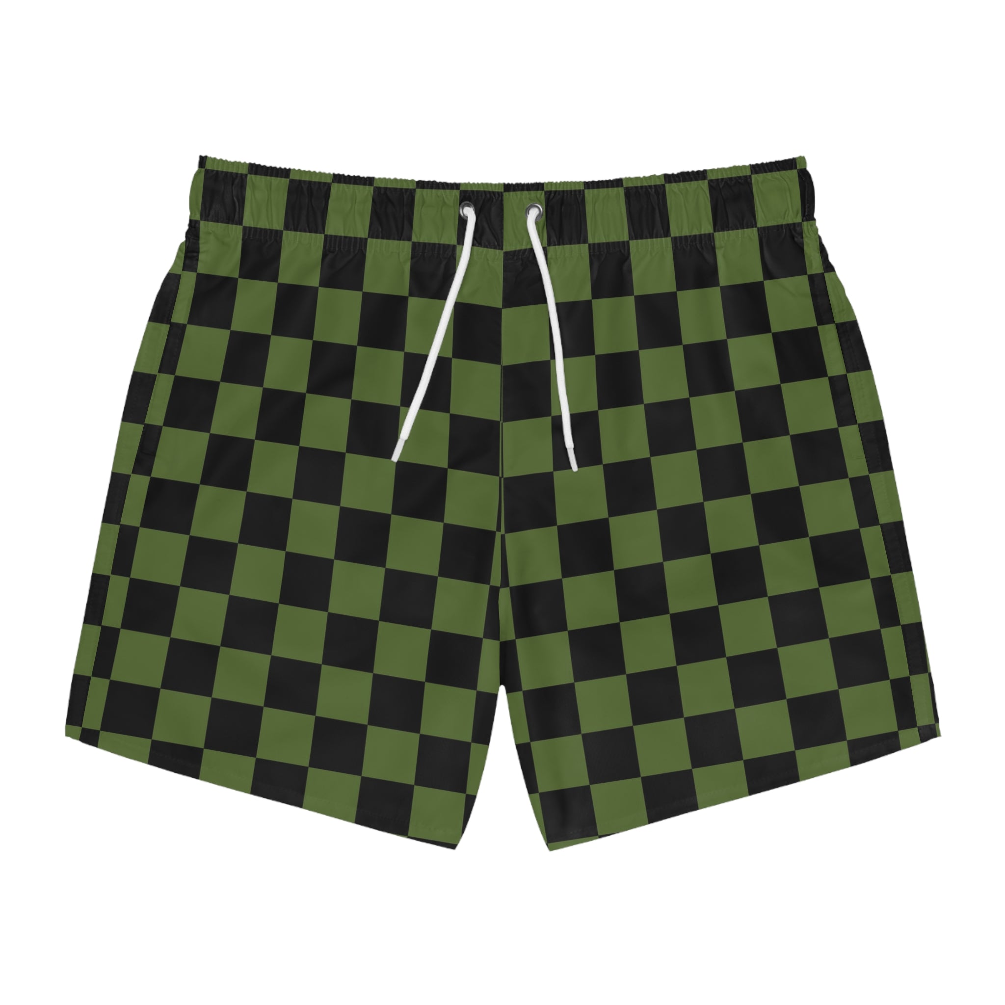 Checkerboard Olive Green and Black Swim Trunks (AOP), Artsulli - Art is Long, Life is Short, All Over Prints, Size, XS, Color, Seam thread color automatically matched to design, , , 12107961864240831335