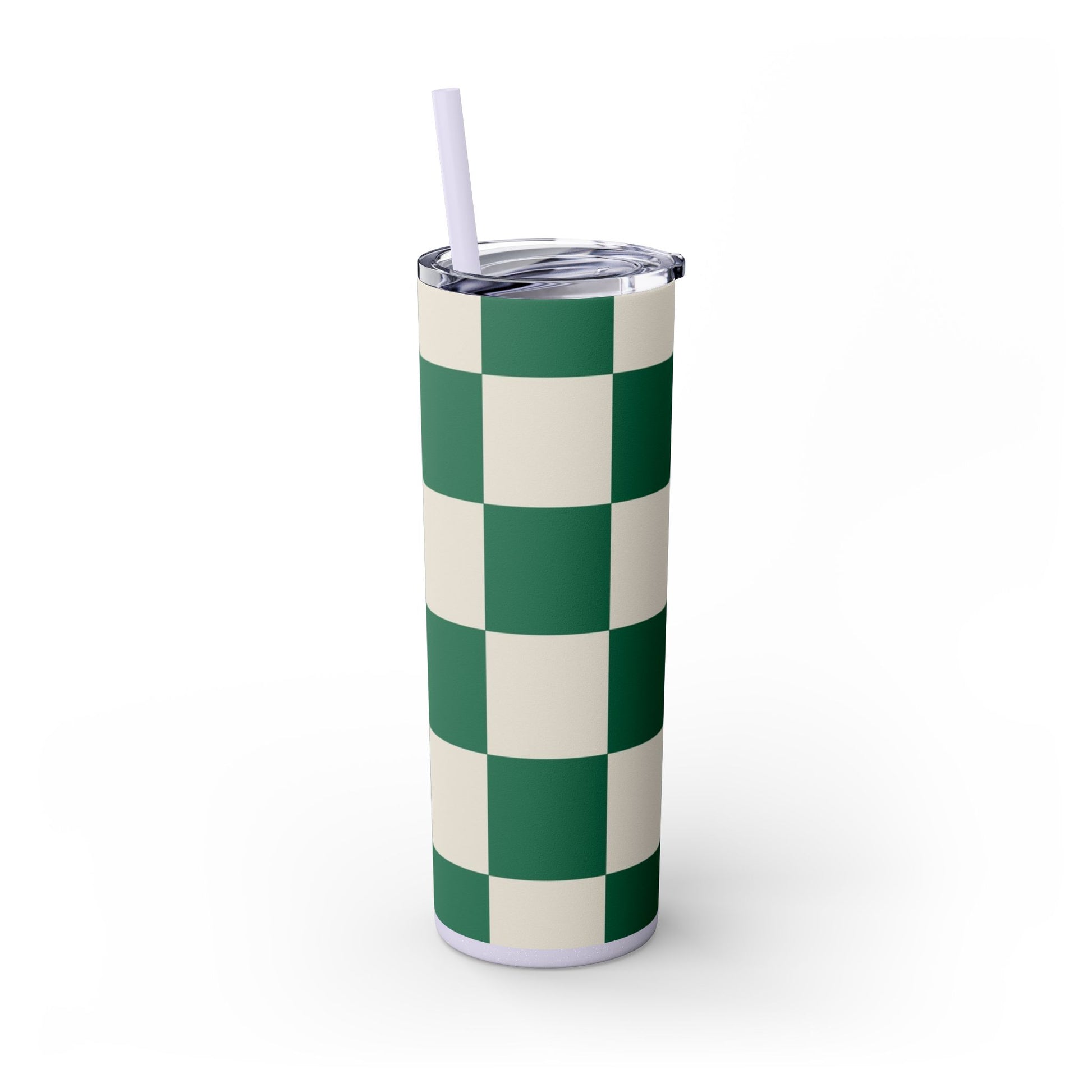 Checkerboard Dark Green Skinny Tumbler with Straw, 20oz, Artsulli - Art is Long, Life is Short, Mug, , , , , , , 