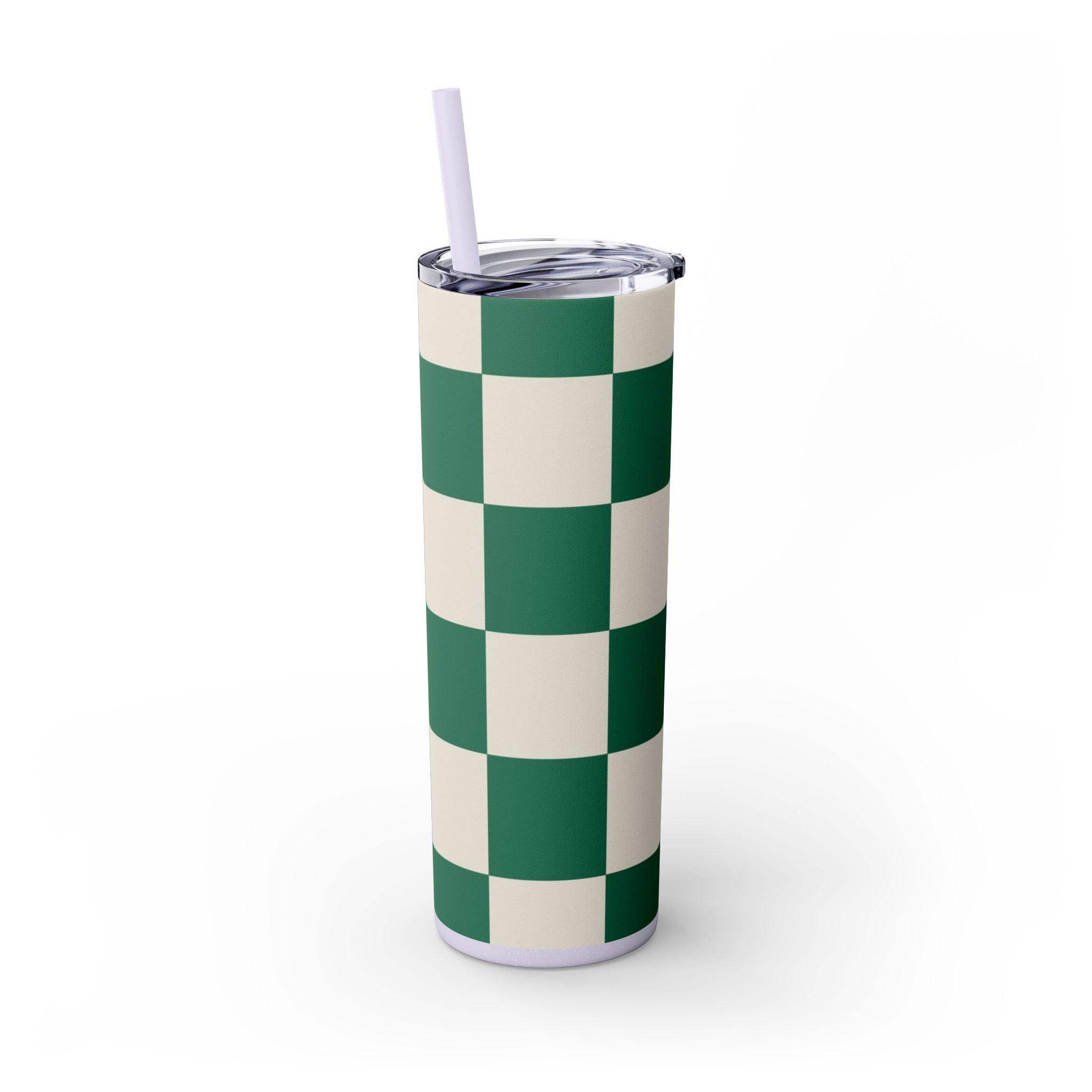 Checkerboard Dark Green Skinny Tumbler with Straw, 20oz, Artsulli - Art is Long, Life is Short, Mug, , , , , , , 