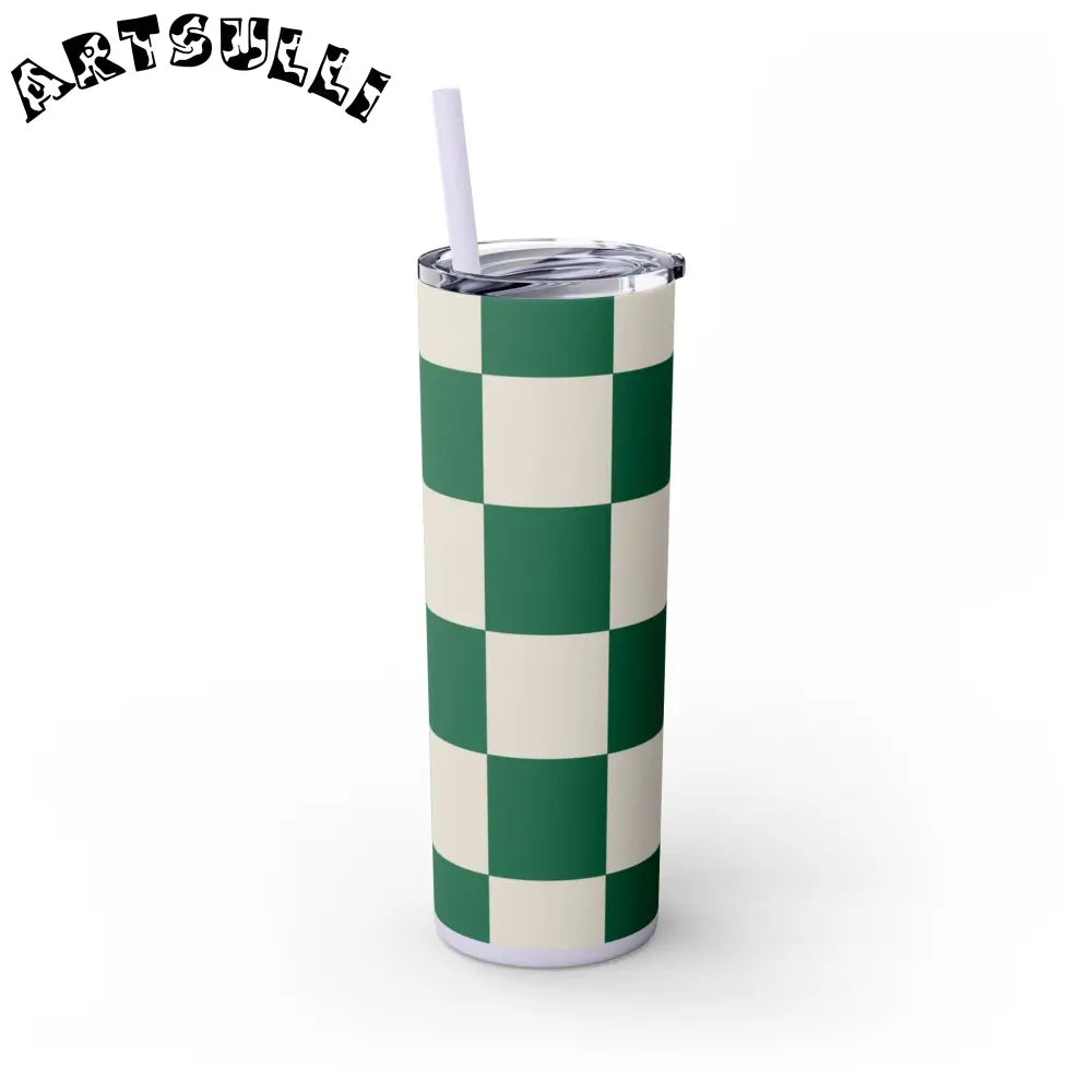 JAKKOUTTHEBXX Checkerboard Dark Green Skinny Tumbler with Straw 20oz