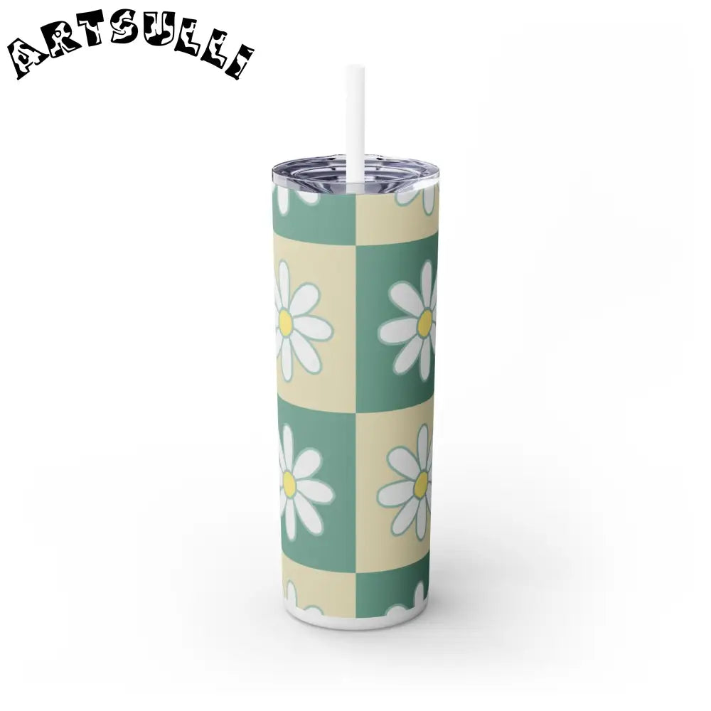 JAKKOUTTHEBXX Retro Daisy Checkerboard Green and Tan Skinny Tumbler