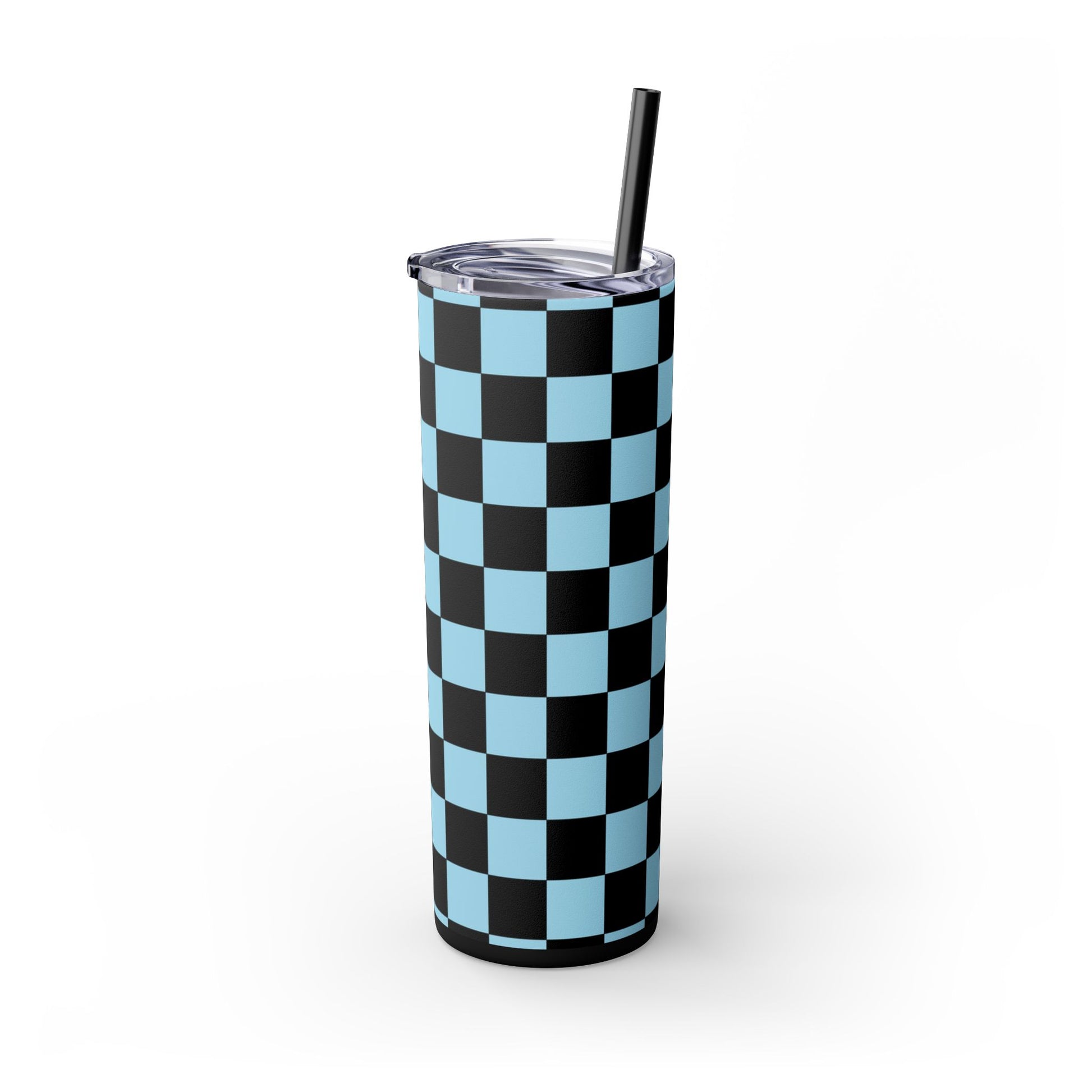 Checkerboard Black and Blue Skinny Tumbler with Straw, 20oz, Artsulli - Art is Long, Life is Short, Mug, , , , , , , 