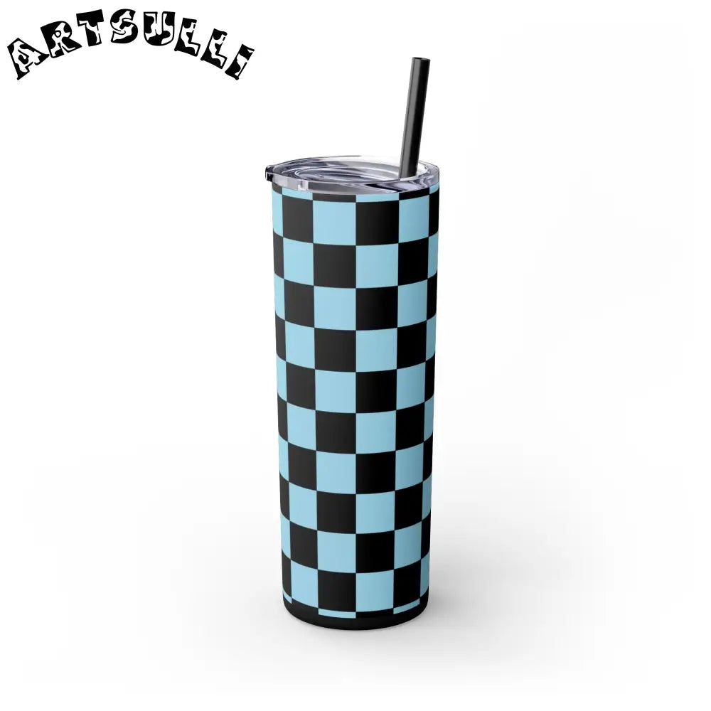 JAKKOUTTHEBXX Checkerboard Black and Blue Skinny Tumbler with Straw