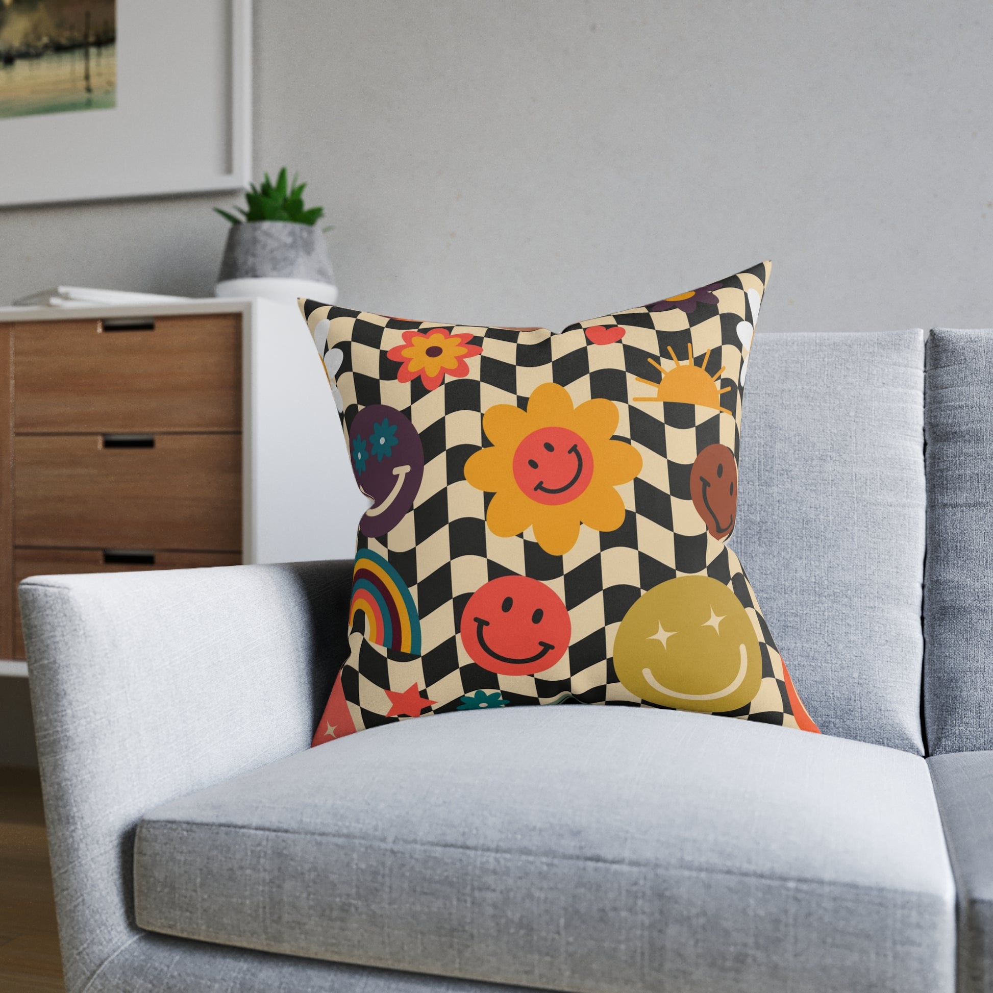 Trippy x Wavy Checkerboard x Smiley Face x Rainbow x Flowers Multi-Color Square Pillow, Artsulli - Art is Long, Life is Short, Home Decor, , , , , , , 