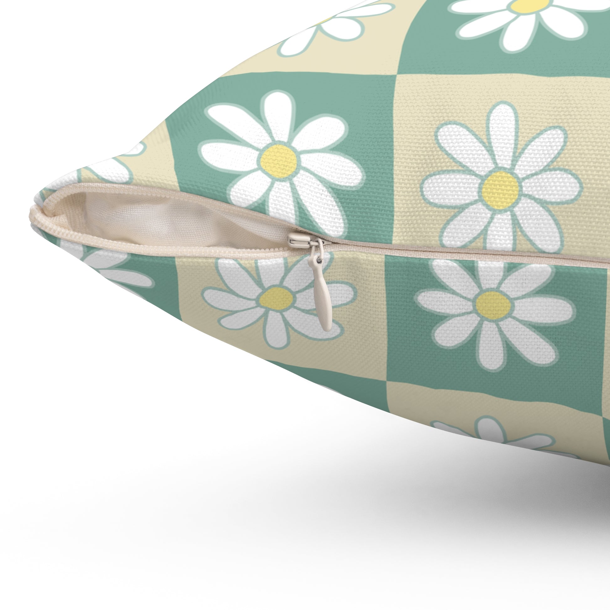 Retro Daisy Checkerboard Green and Tan Spun Polyester Square Pillow, Artsulli - Art is Long, Life is Short, Home Decor, , , , , , , 
