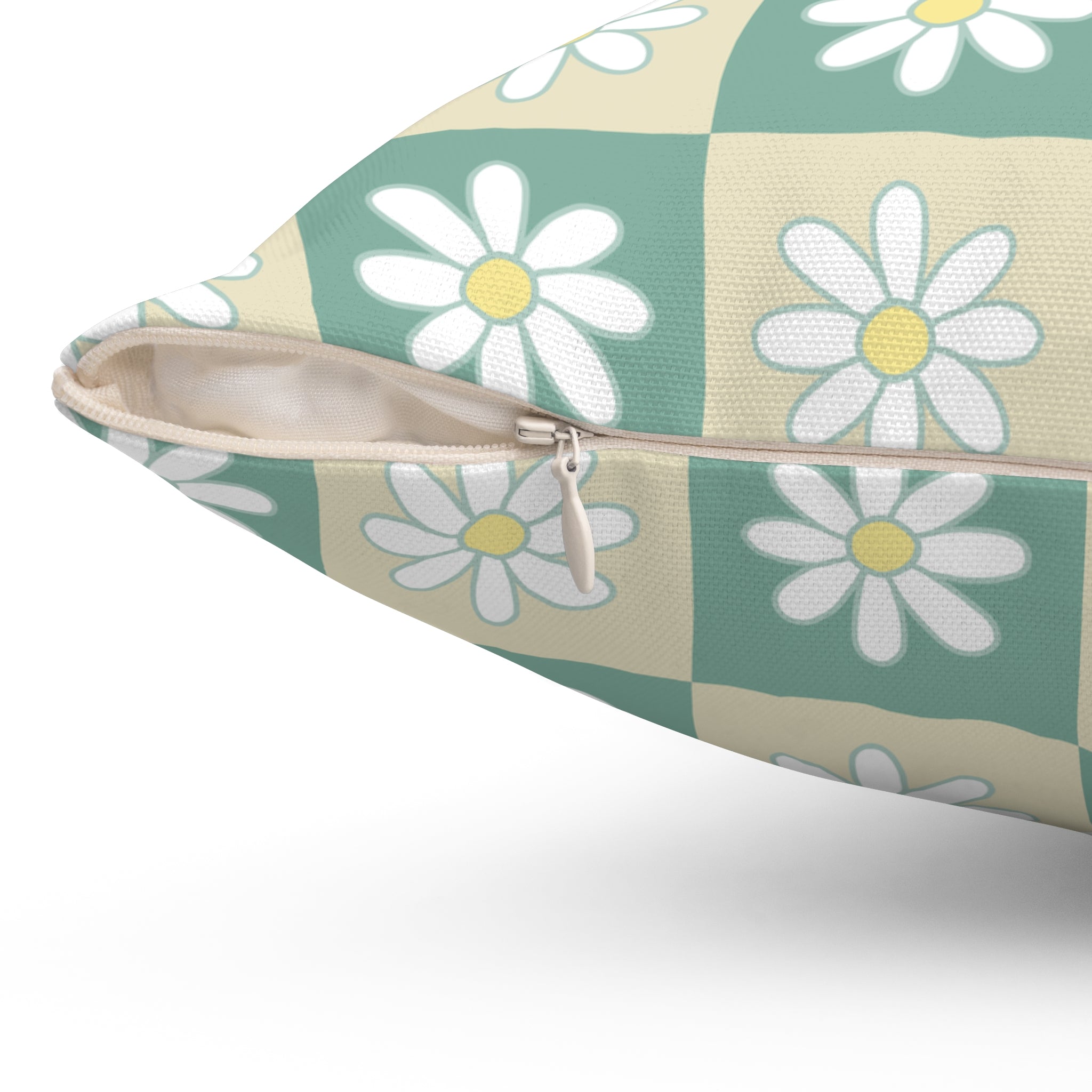 Retro Daisy Checkerboard Green and Tan Spun Polyester Square Pillow, Artsulli - Art is Long, Life is Short, Home Decor, , , , , , , 