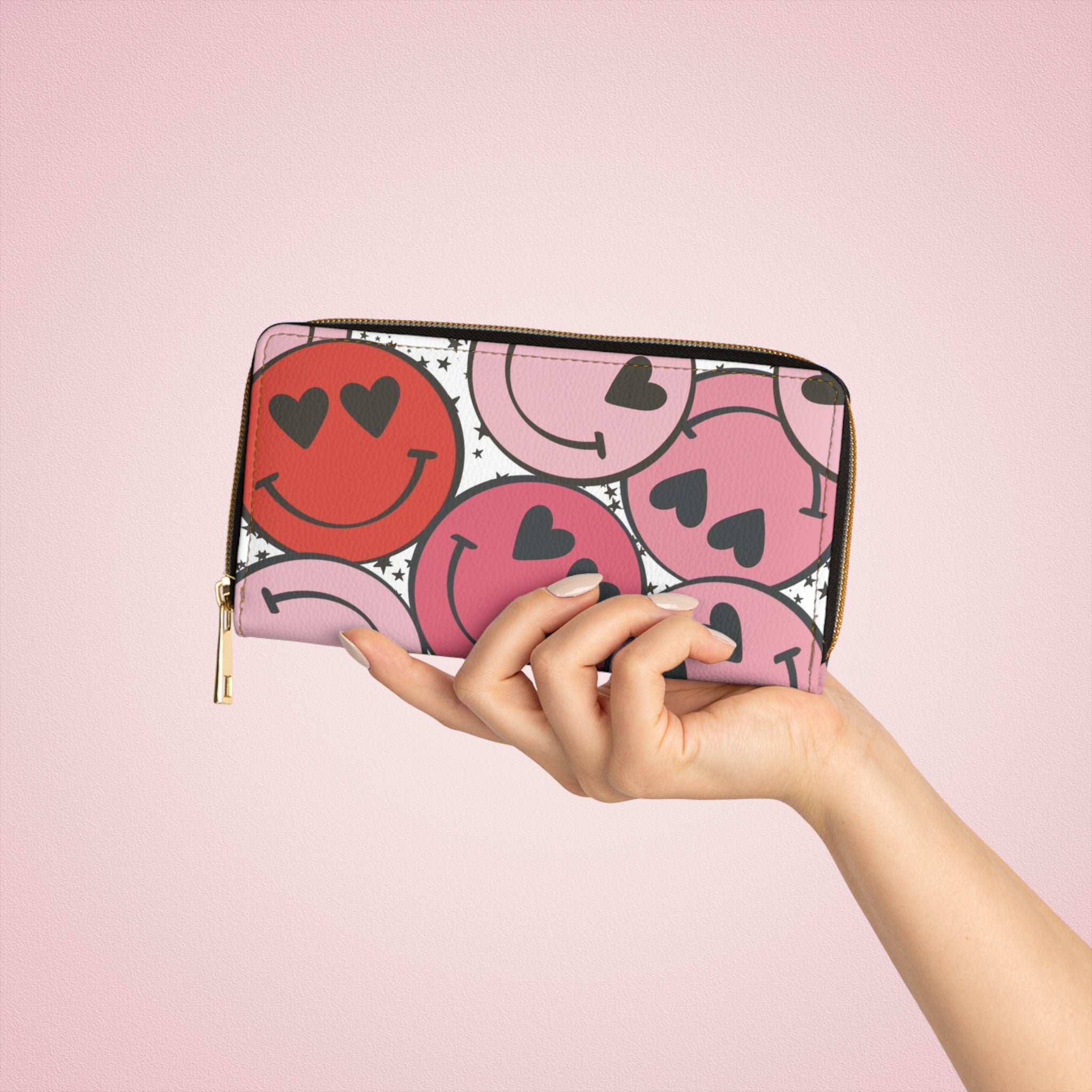 Smiley Face x Heart Eyes Pink and Red Zipper Wallet, Artsulli - Art is Long, Life is Short, Accessories, , , , , , , 