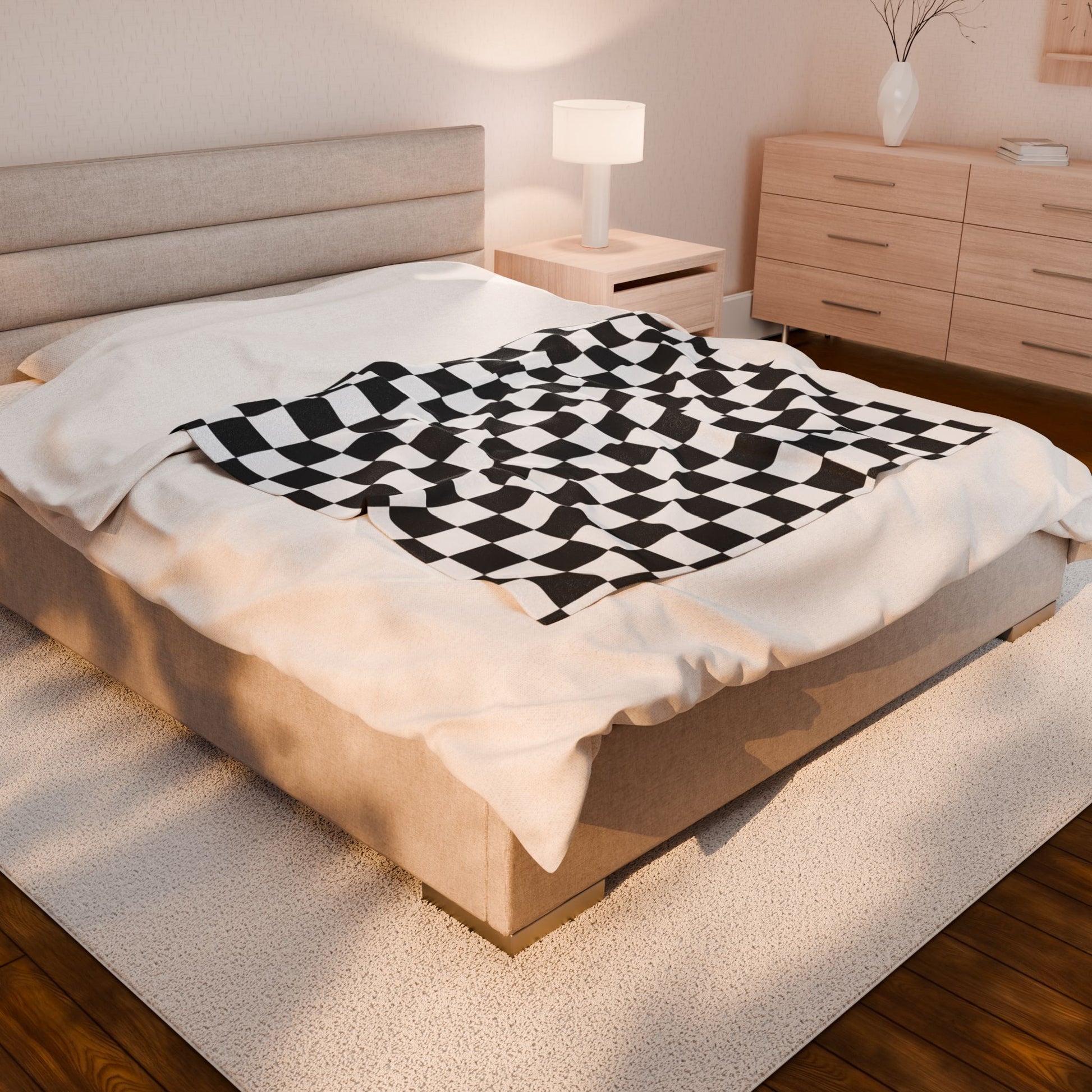 Checkerboard White and Black Velveteen Plush Blanket, Artsulli - Art is Long, Life is Short, All Over Prints, , , , , , , 