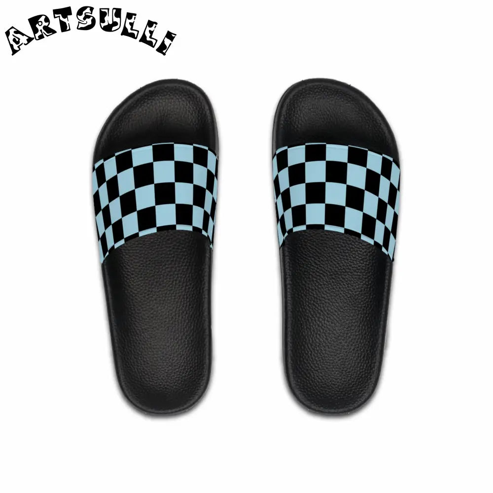 JAKKOUTTHEBXX Checkerboard Black and Blue Men’s Slide Sandals