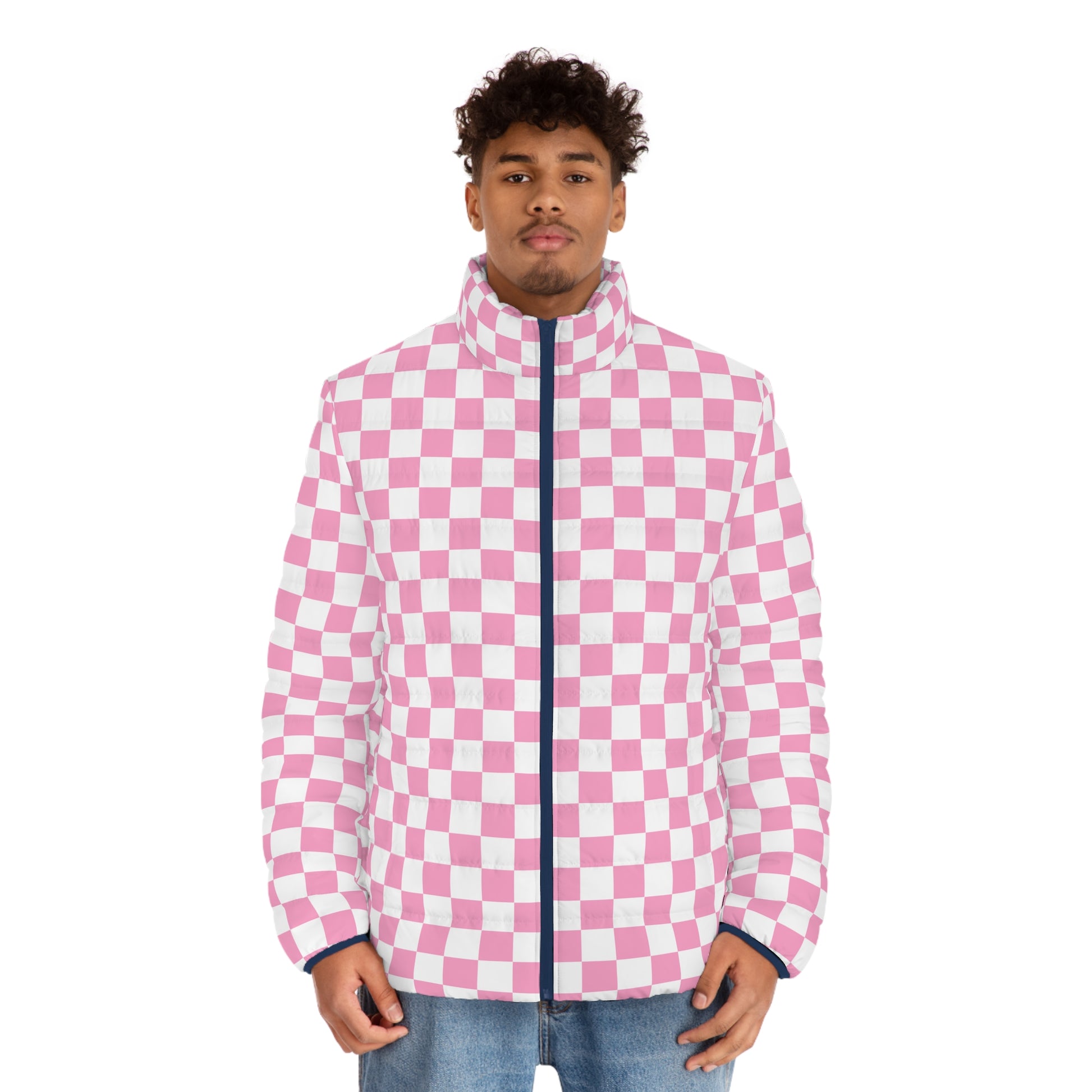 Checkerboard Hot Pink and White Men's Puffer Jacket (AOP), Artsulli - Art is Long, Life is Short, All Over Prints, , , , , , , 