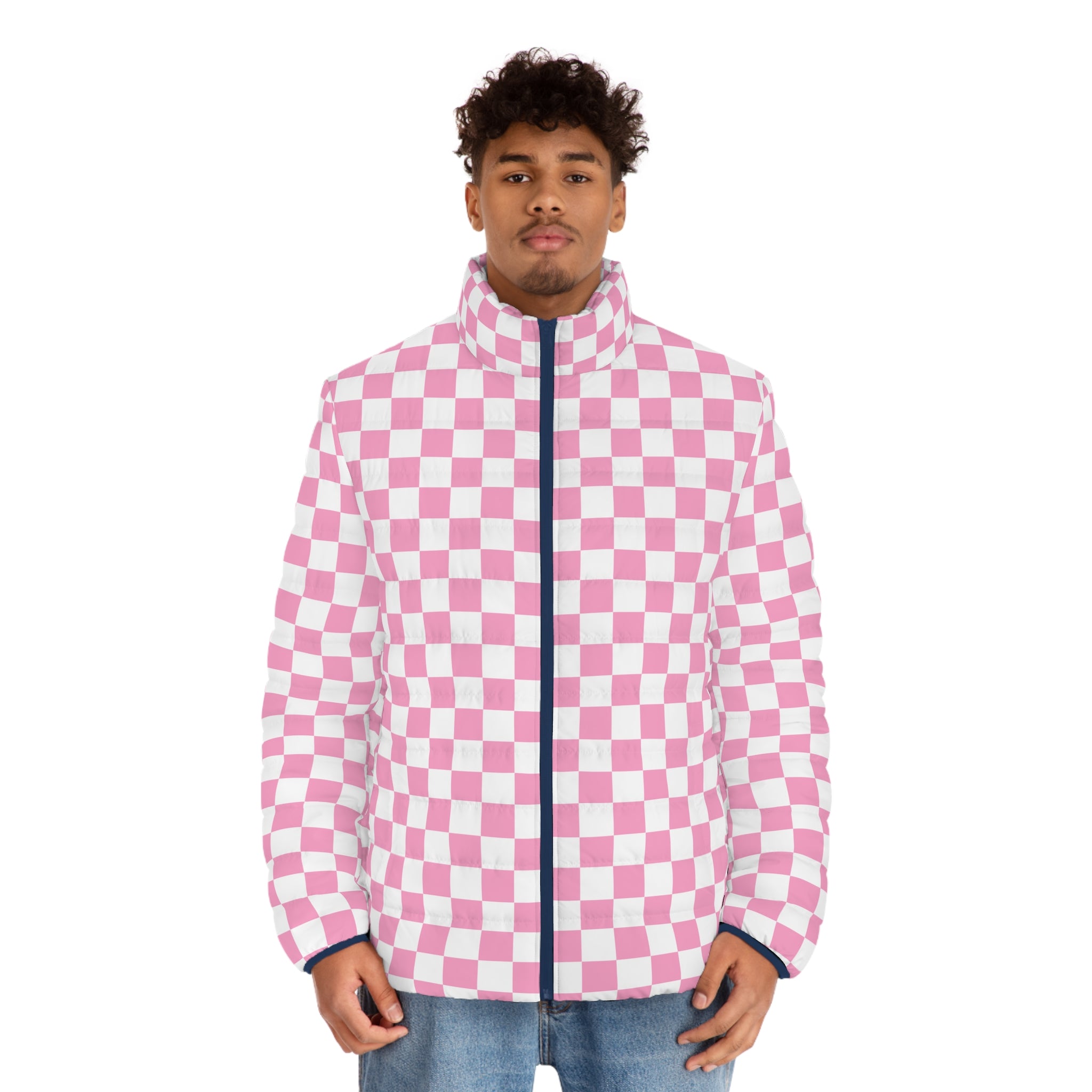 Checkerboard Hot Pink and White Men's Puffer Jacket (AOP), Artsulli - Art is Long, Life is Short, All Over Prints, , , , , , , 