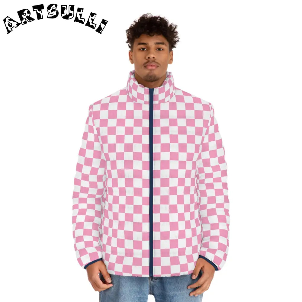 JAKKOUTTHEBXX Checkerboard Hot Pink and White Men’s Puffer Jacket