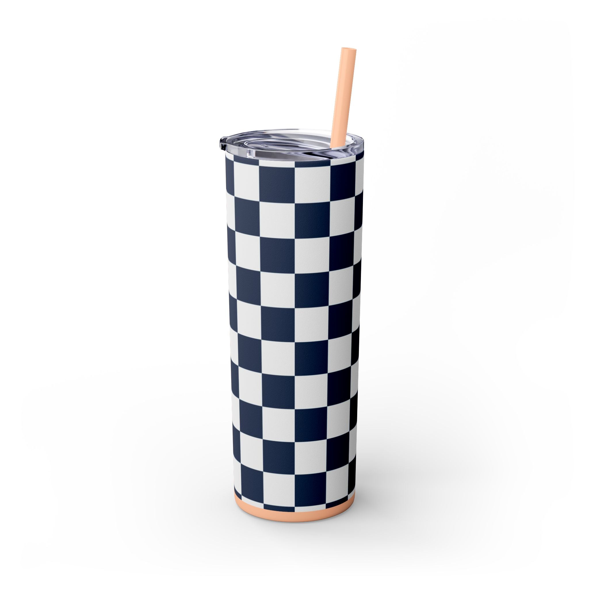 Checkerboard White and Navy Blue Skinny Tumbler with Straw, 20oz, Artsulli - Art is Long, Life is Short, Mug, , , , , , , 