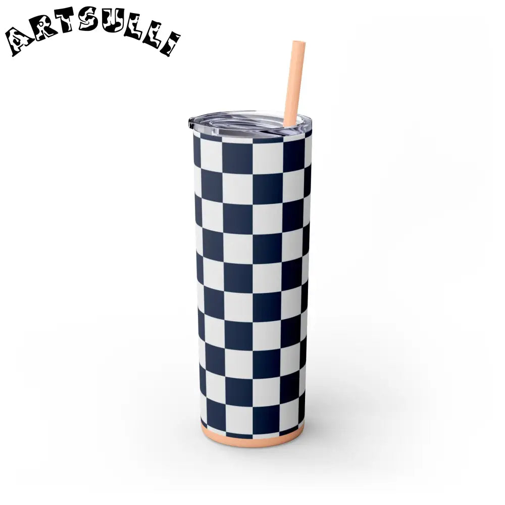 JAKKOUTTHEBXX Checkerboard White and Navy Blue Skinny Tumbler