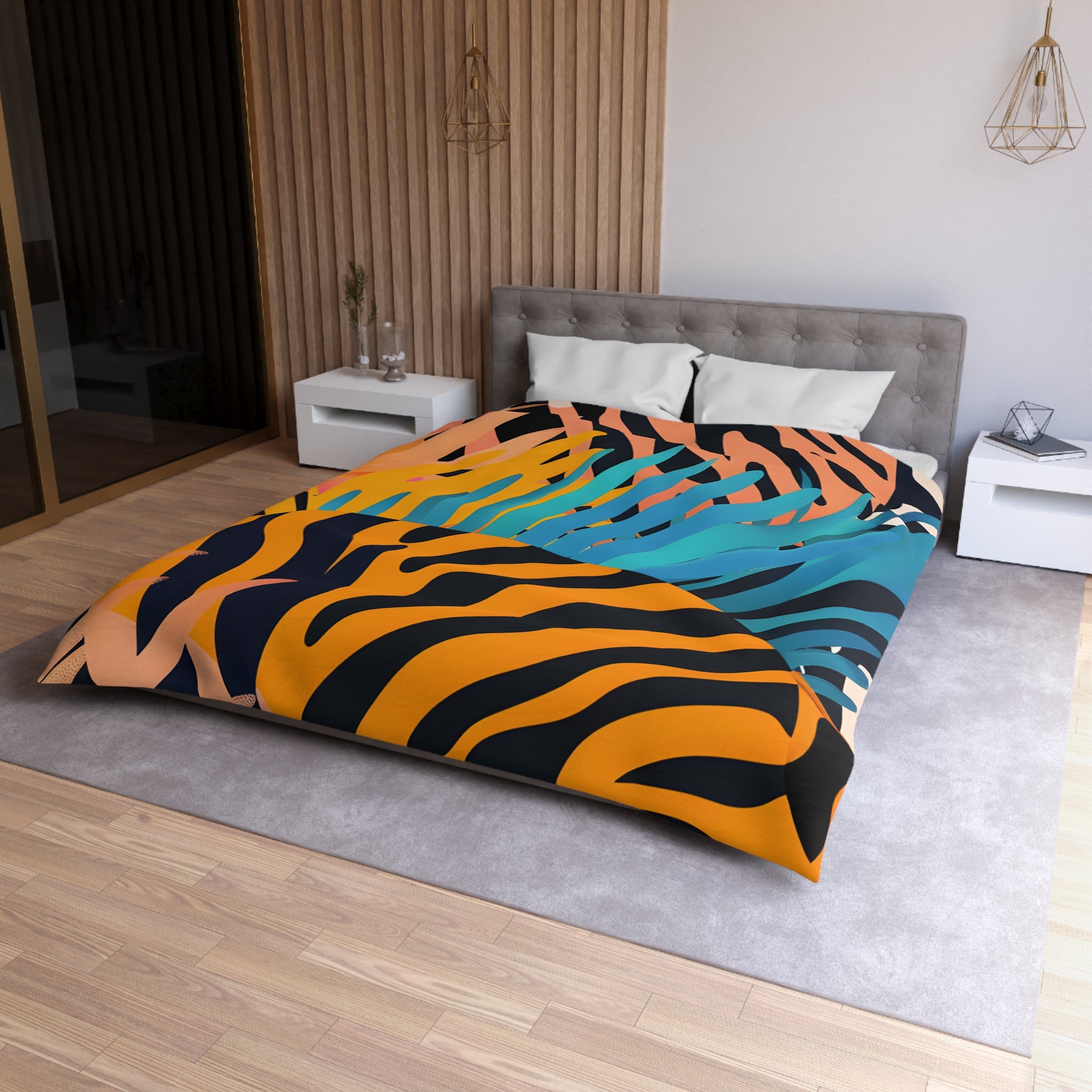 Palm Leaves x Zebra Stripes x  Tiger Stripes Orange and Blue  Microfiber Duvet Cover, Artsulli - Art is Long, Life is Short, Home Decor, , , , , , , 