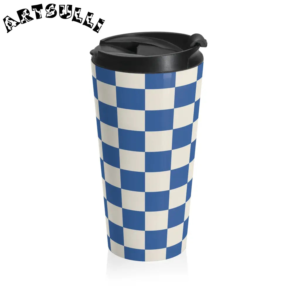 JAKKOUTTHEBXX Checkerboard Blue Stainless Steel Travel Mug