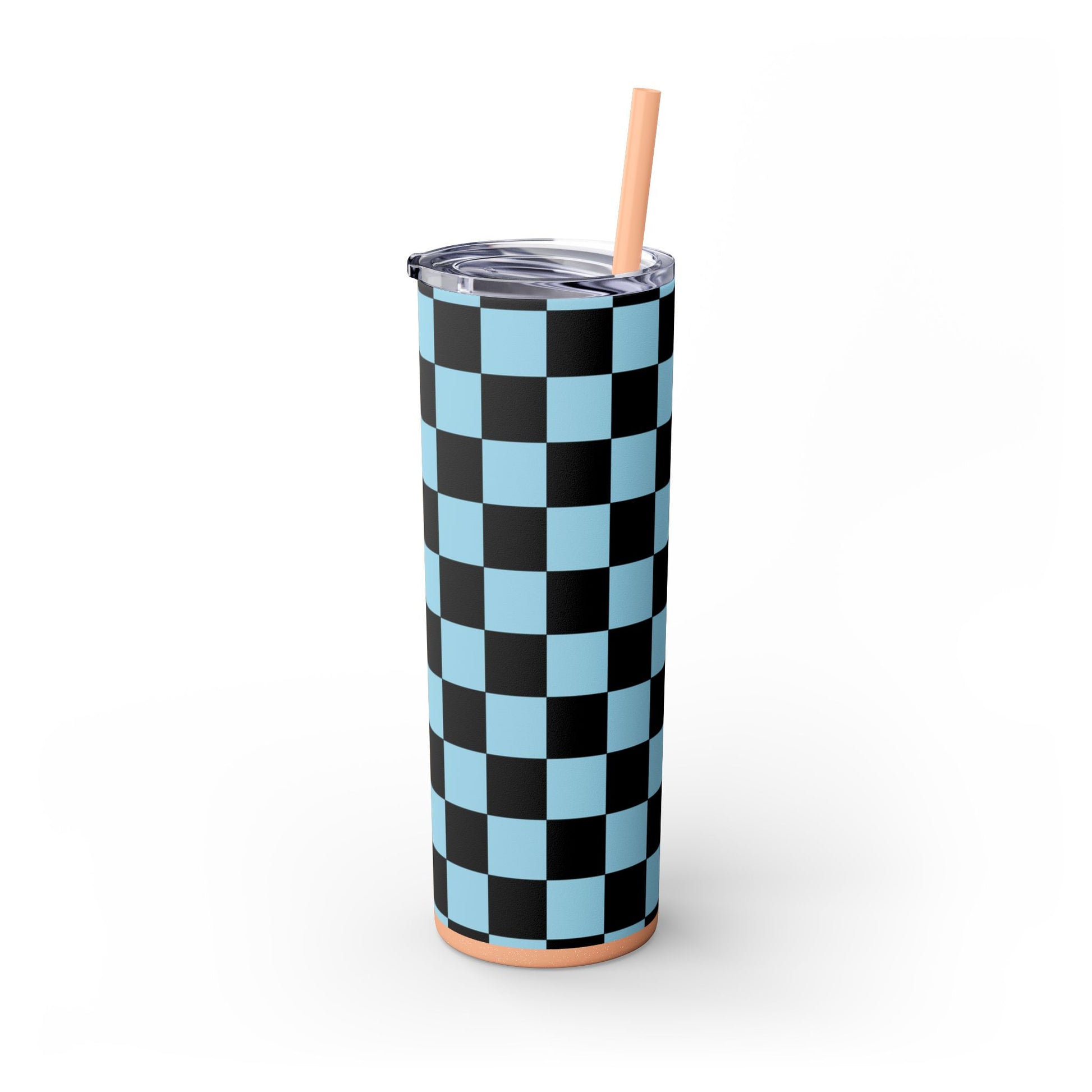 Checkerboard Black and Blue Skinny Tumbler with Straw, 20oz, Artsulli - Art is Long, Life is Short, Mug, , , , , , , 