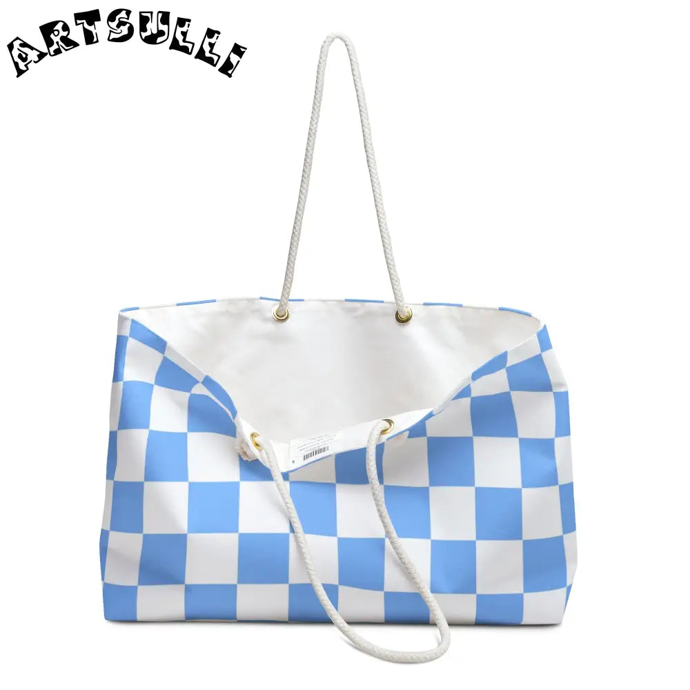 JAKKOUTTHEBXX Checkerboard White and Light Blue Weekender Bag
